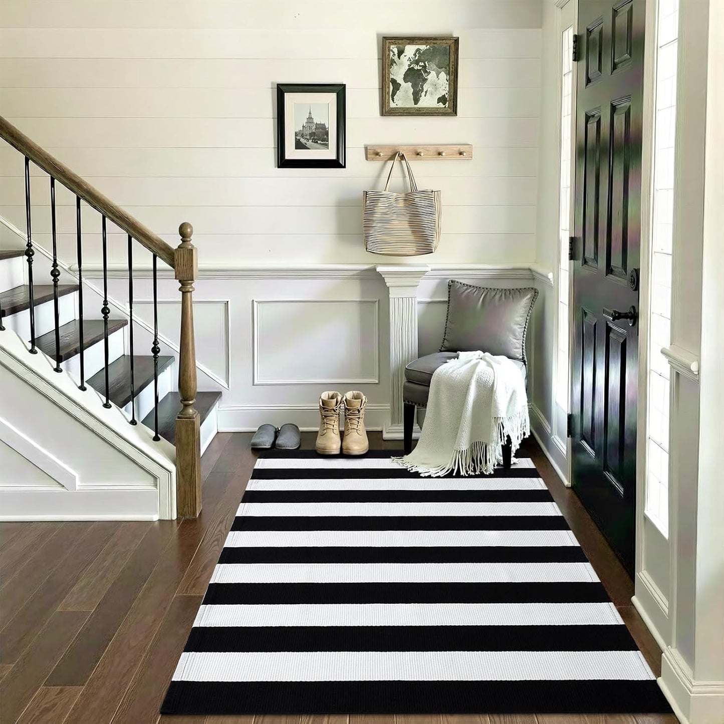 OLANLY Black And White Striped Rug - Washable Cotton Doormat 3' x 5' For Indoor/Outdoor Use