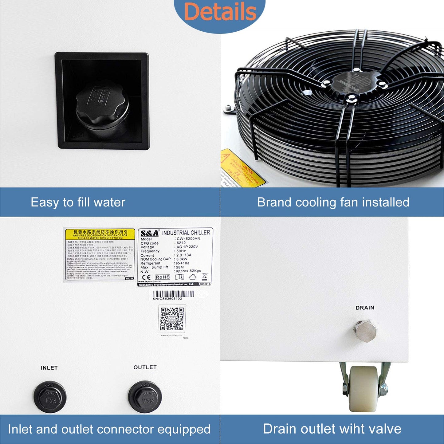 S&A Genuine CW-6000DI Industrial Water Chiller with 10731Btu/h Cooling Capacity 15L Water Tank Laser Water Cooler Chiller 110V