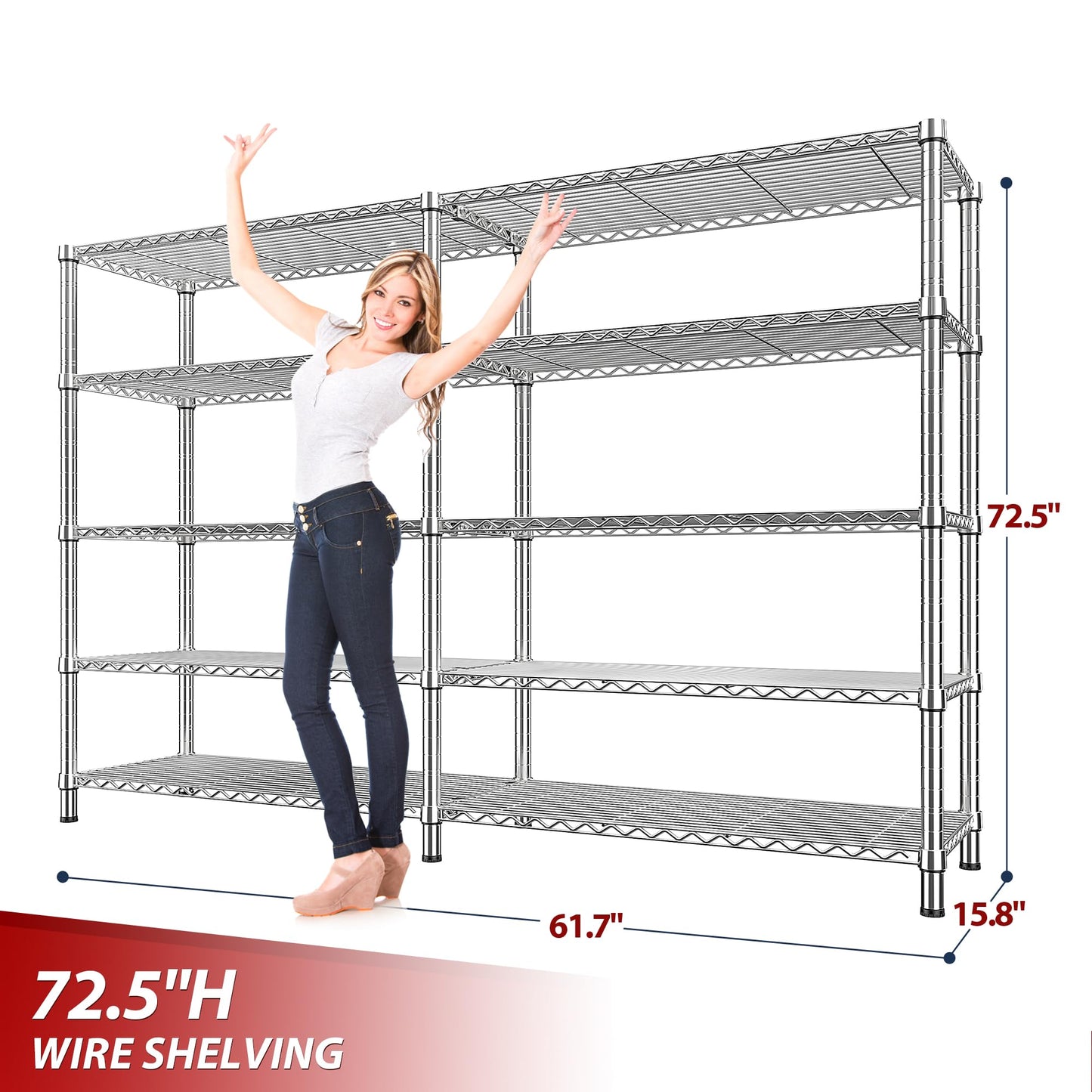 REIBII 1500LBS Storage Shelves 61.7''W Wire Shelving Unit 5 Tier Metal Shelving for Storage Rack Shelves Heavy Duty Garage Shelf Pantry Shelves Kitchen Shelving, 61.7" W*72.4" H*15.8" D, Chrome