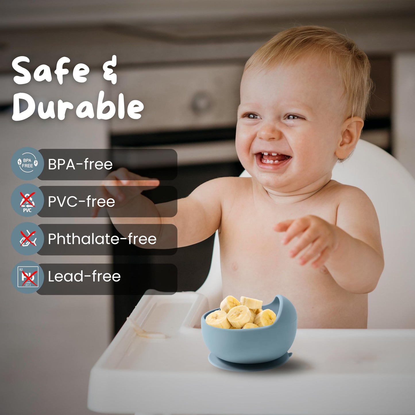 Silicone Baby Feeding Set 7-Piece Baby-Led Weaning Kit with Suction Plate & Bowl, Snack & Straw Cup with Handles, Bib & Utensils | BPA-Free, Microwave & Dishwasher Safe | Smoky Blue
