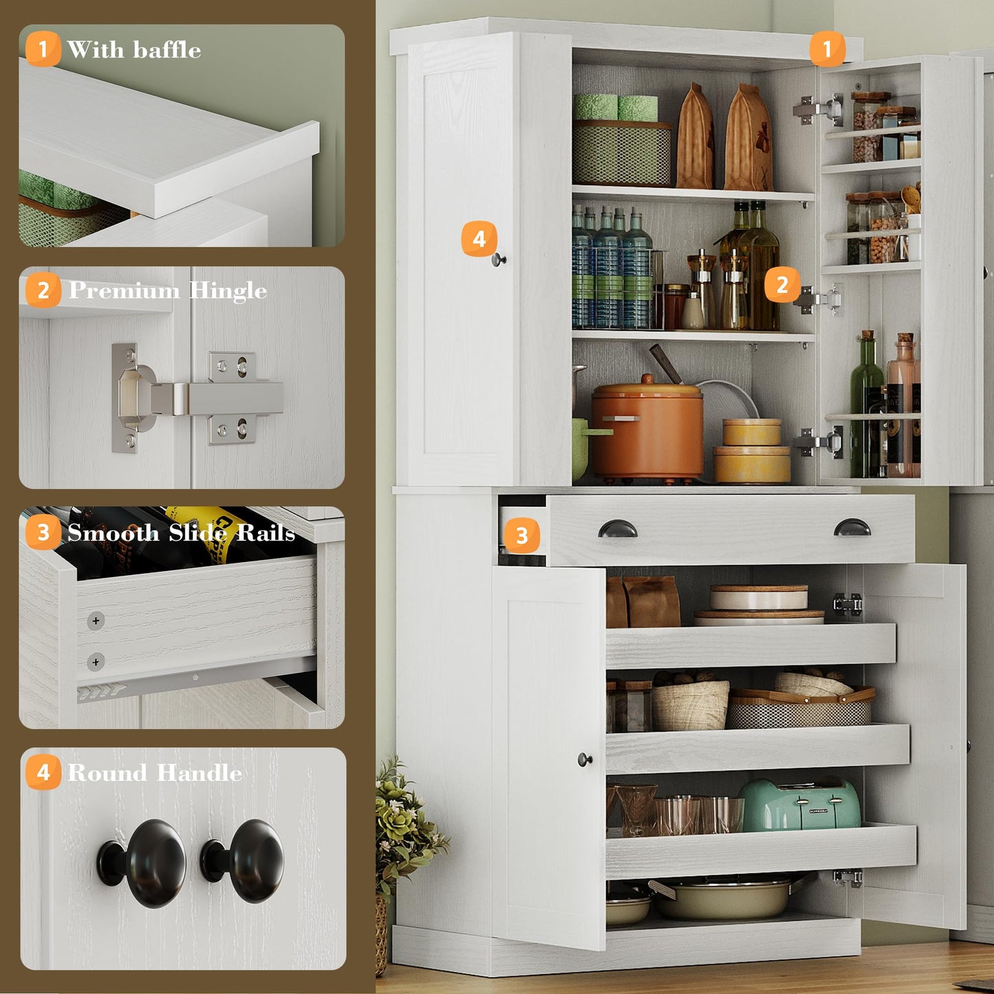 IRONCK Kitchen Pantry Cabinet 72" Height, Freestanding Cupboard with Drawer, Sliding Storage Rack, and 6 Hanging Shelves for Dining Room, Laundry, White