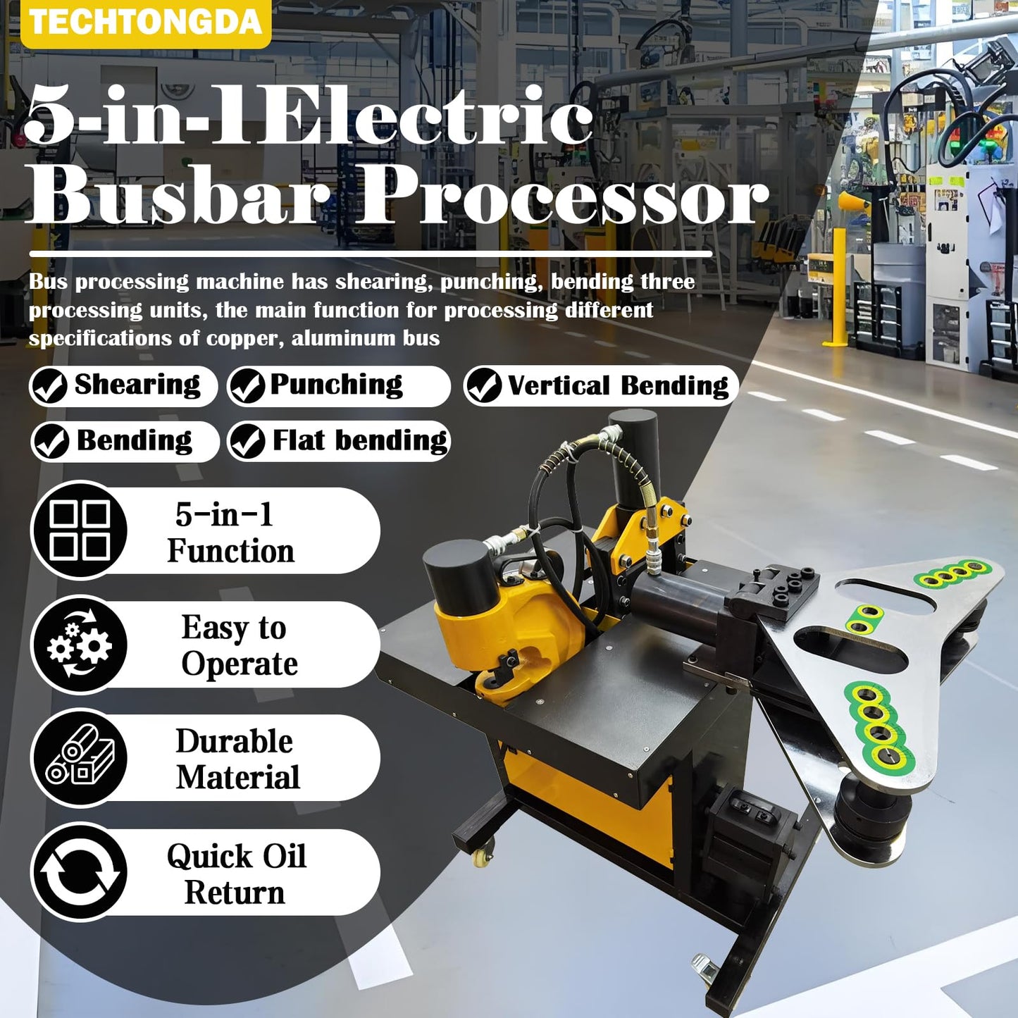 TECHTONGDA 5in1 Electro-Hydraulic Busbar Processor Busbar Bender Cutter Puncher Crimper Embossing Machine Heavy-duty Busbar Processing Machine 110V 750W