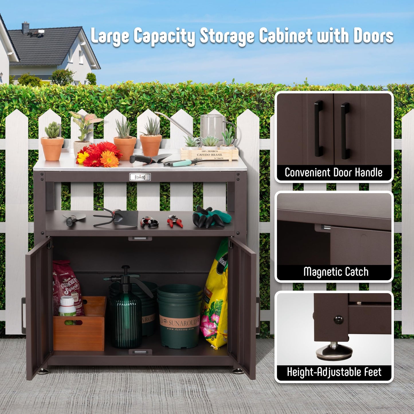 Feasto Outdoor Potting Bench with Storage, Stainless Steel Tabletop Garden Work Bench with Storage Cabinet & Removable Inner Shelf for Patio Lawn Outdoor Gardening