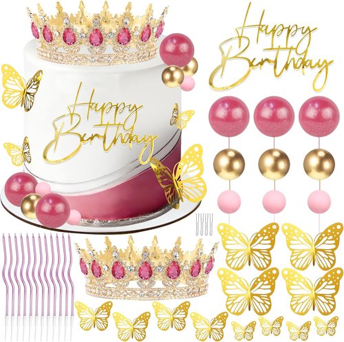 AMZVALU Crown Cake Topper - Rose Pink Happy Birthday Decoration with 3D Butterflies & Candles | Ideal for Princess Parties