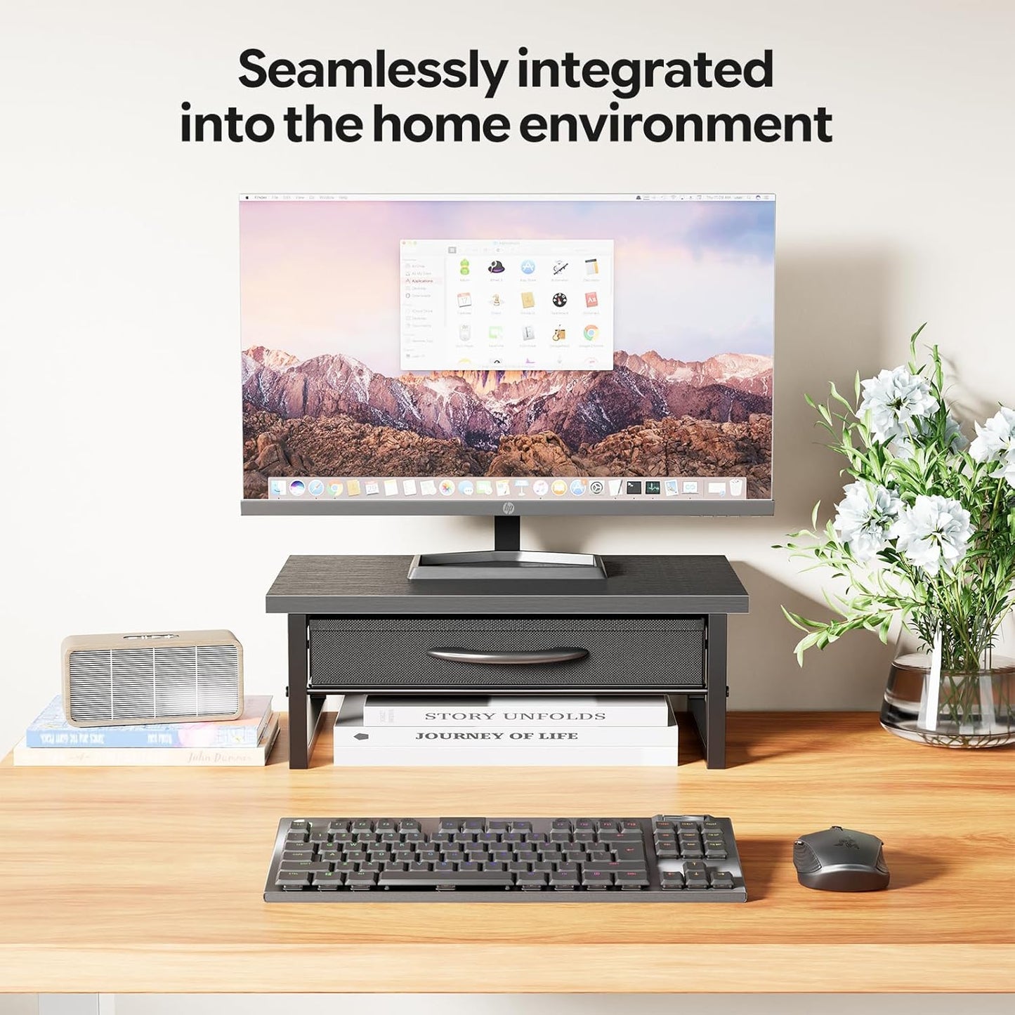 2-Tier Ekisemio Monitor Stand with Fabric Drawer Wood and Metal Computer Riser, Desk Organizer for Office, Black