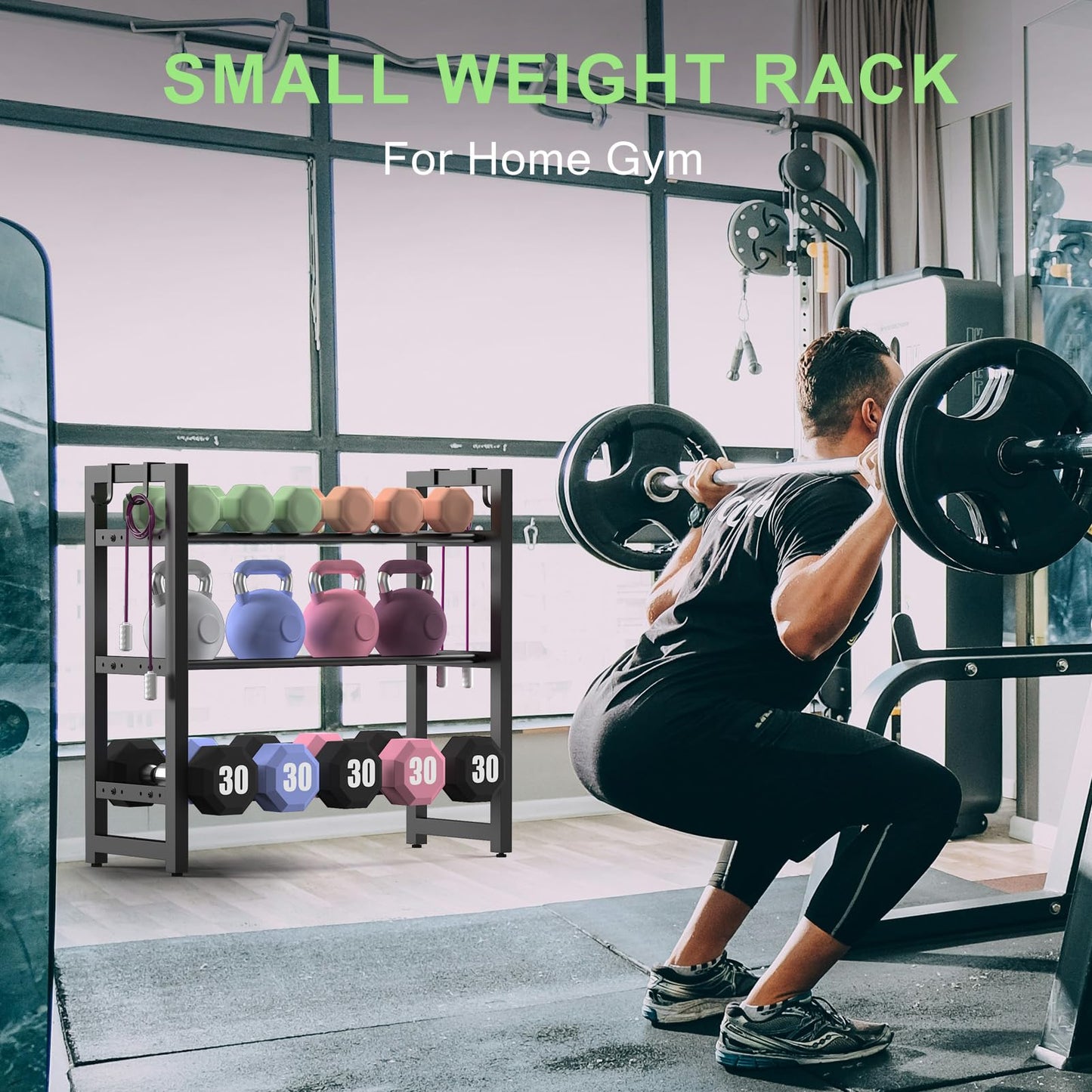 3-Tier Small Weight Rack for Home Gym, Adjustable Dumbbell Rack 450LBS Capacity with Side Hooks, Space Saving Workout Equipment Storage Organizer, Tool-free Assembly