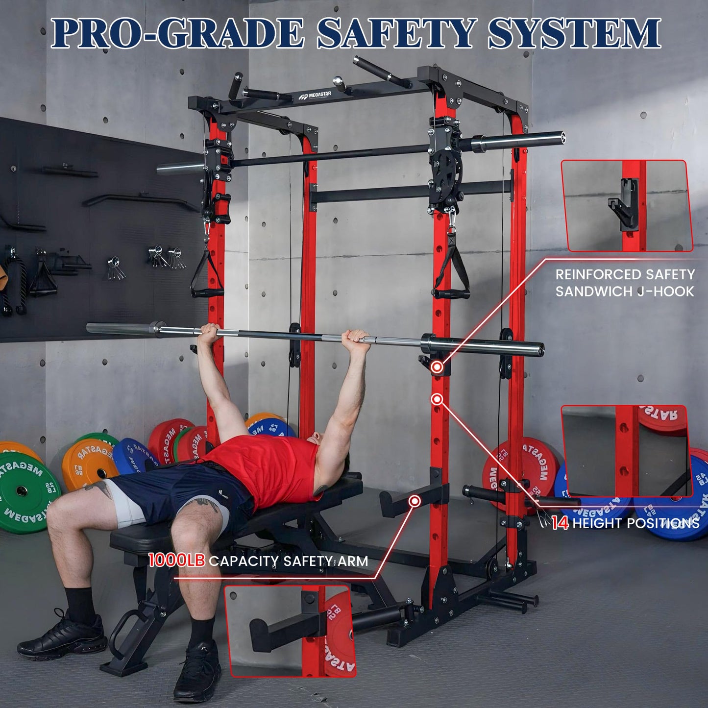 Smith Machine, 5 in 1 Heavy-Duty Squat Rack with Cable Crossover, All-in-One Home Gym Power Rack for Full-Body, Dual 1:1 Pulley System