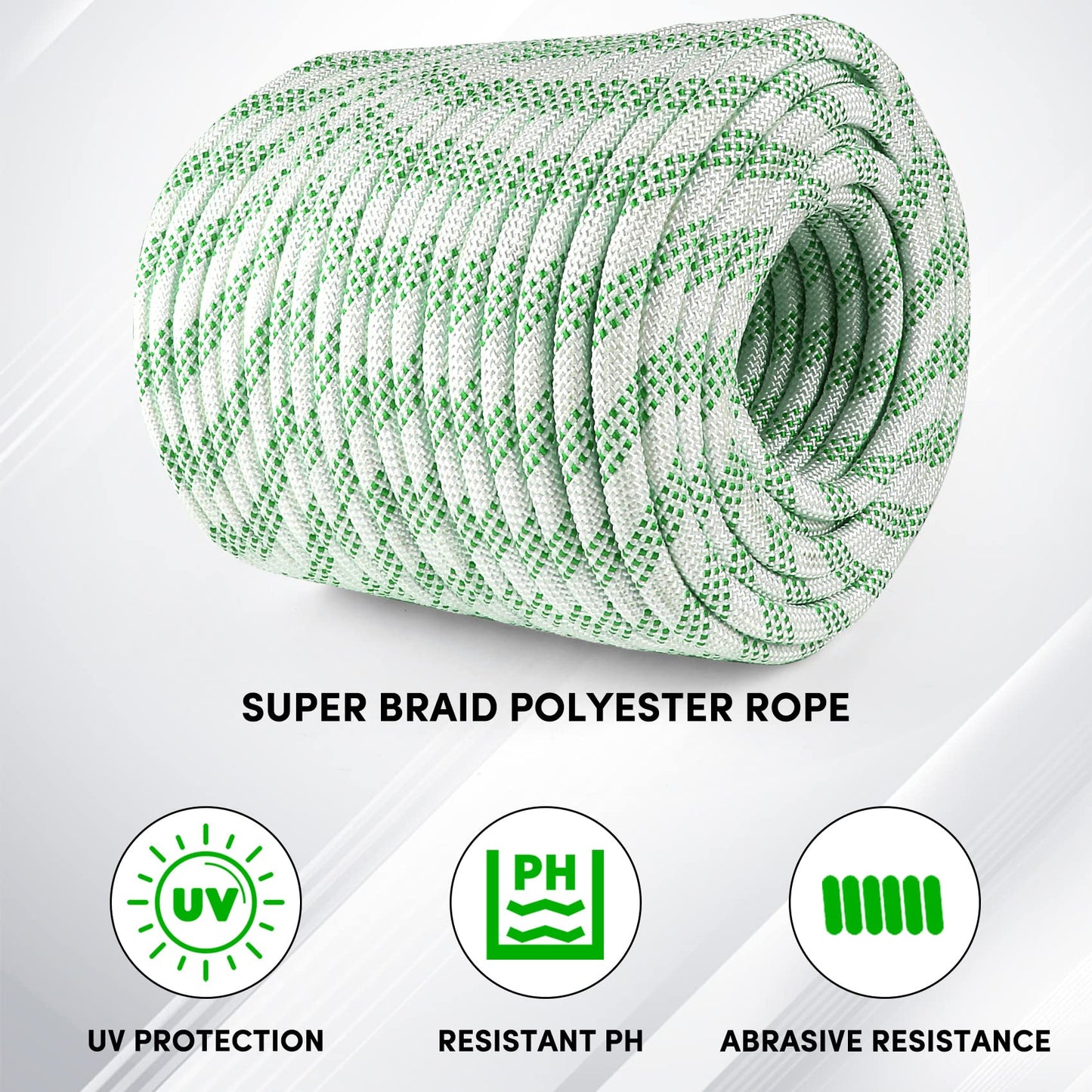 VEITHI 3/8 inch x 164 ft Braid Polyester Rope,Arborist Rigging Rope 3520lbs Breaking Strength Strong Pulling for Climbing,Camping,Sailing,Swings, etc. (White-Green)
