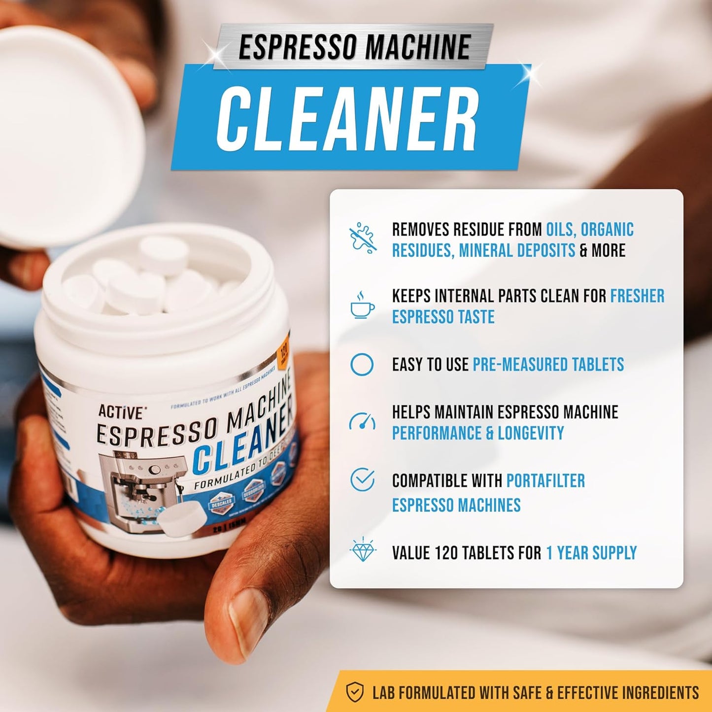 ACTIVE Espresso Machine Cleaning Tablets - 120 Descaling Tabs | Compatible with Breville, Gaggia, Delonghi, Jura, Philips | Effective Backflush Oil Remover Solution