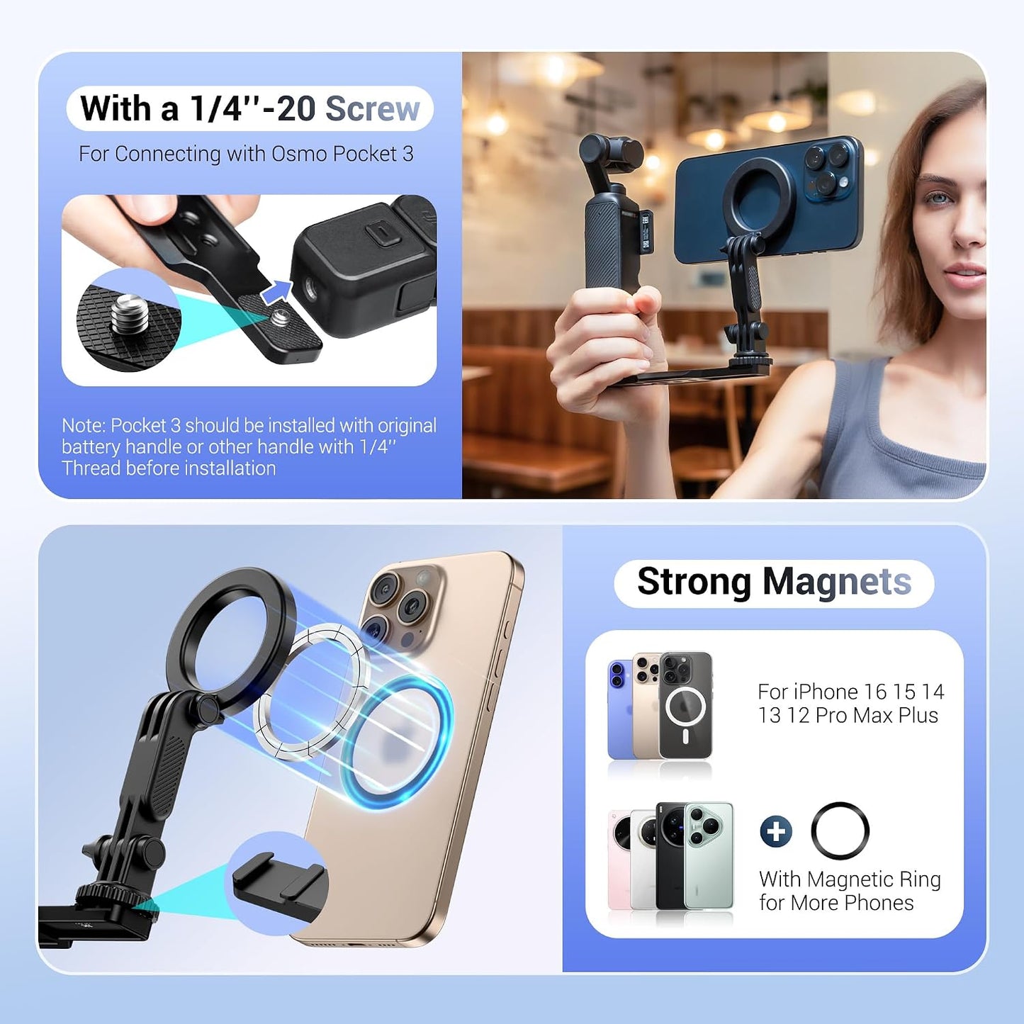 JJC 4 1/4" 20 Insta360 X5 X4 X3 4/3 Pocket Magnetic Phone Mount with Screw & Thread, Phone Holder for / Pocket / Xtra