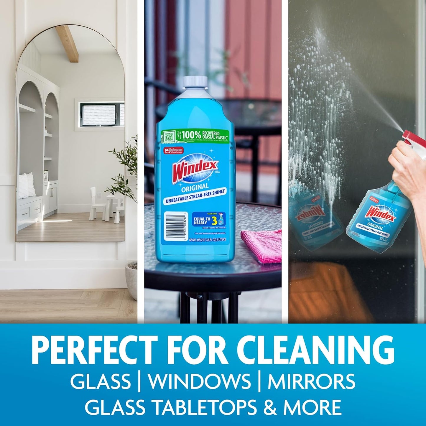 Windex Glass & Window Cleaner Refill - Eco-Friendly 100% Recycled Plastic, Original Blue Scent, 2L
