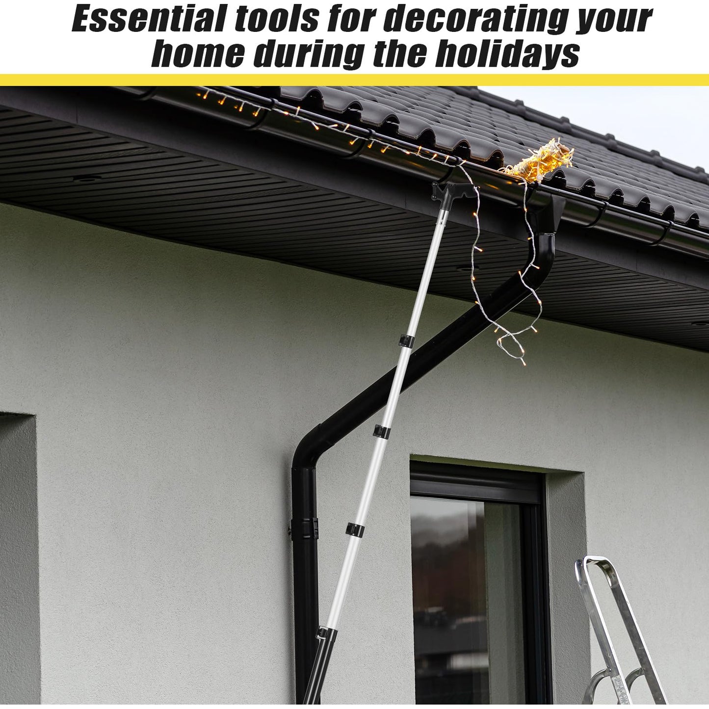 Leriton 7-30 ft Telescopic Extension Pole with Utility Hook, Multi-Purpose Aluminum Pole for Painting, Dusting and New Year Window Cleaning Christmas Lights Installation Without a Ladder (Black)