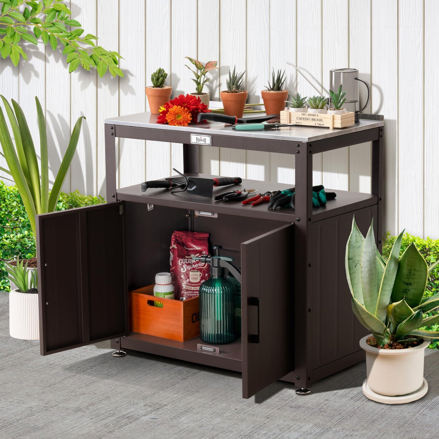 Feasto Outdoor Potting Bench with Storage, Stainless Steel Tabletop Garden Work Bench with Storage Cabinet & Removable Inner Shelf for Patio Lawn Outdoor Gardening