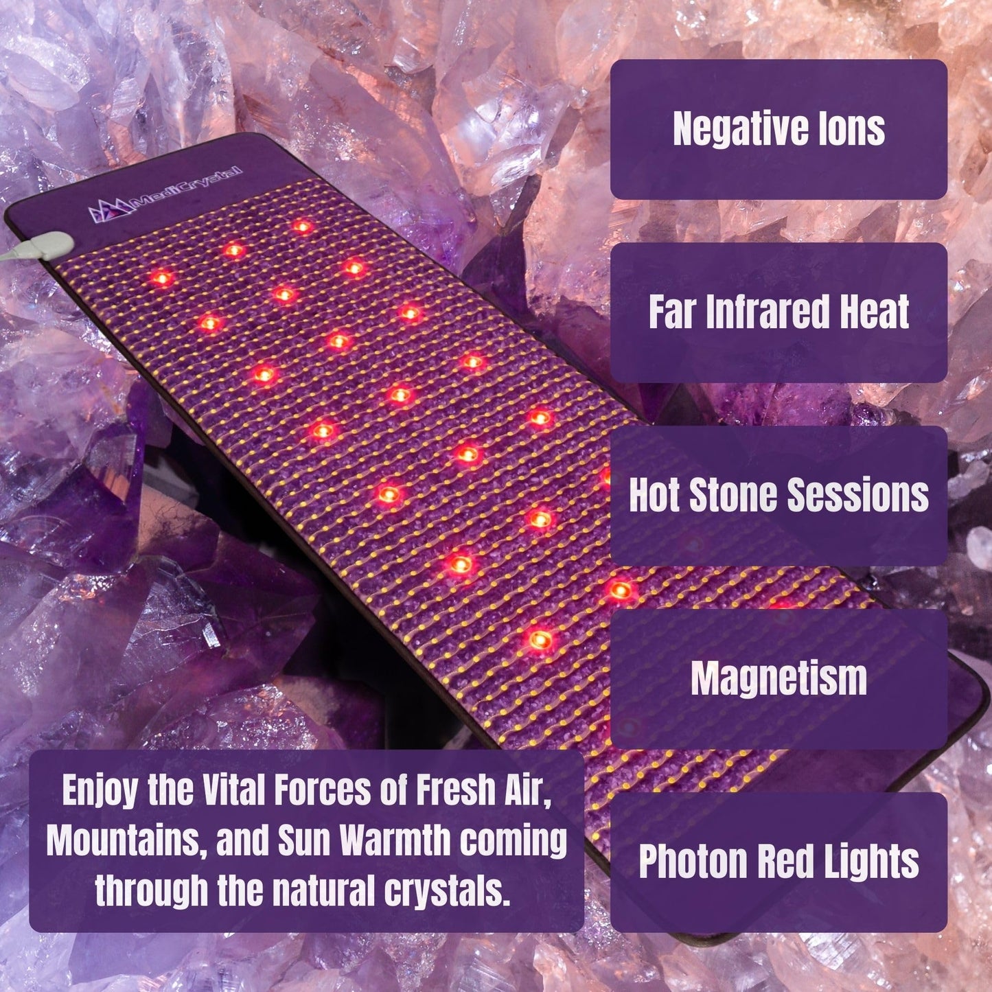 MediCrystal Far Infrared Amethyst Mat 40" L x 20" W - 8 Photon Red NIR MIR Lights - 5 Quadrupole Static Magnets - Bio Stimulation- Medium Flexible FIR Heating Pad