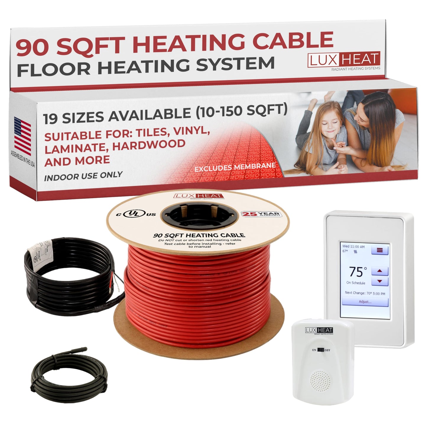 LuxHeat 90sqft Floor Heating Cable Kit - 120v Radiant Heated Flooring Kit - Heated Flooring System Includes UDG4 Programmable Thermostat w/GFCI, Underfloor Heating Cable, Alarm & Floor Sensor