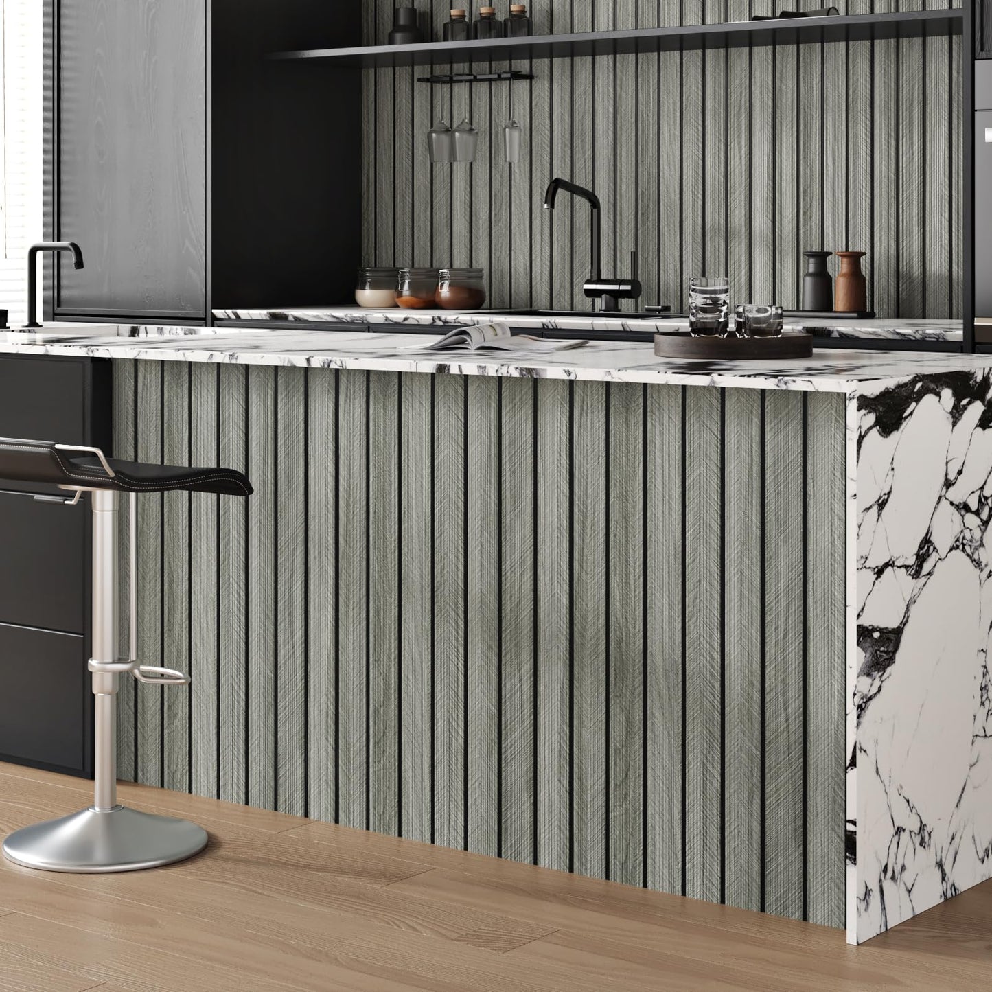STICKEEP Grey Wood Wall Slat Panels Peel and Stick 3D Fluted Wood Panels for Interior Wall Decor 118" x 11.8" Self Adhesive Acoustic Wooden Paneling for Bedroom Living Room TV Background Kitchen