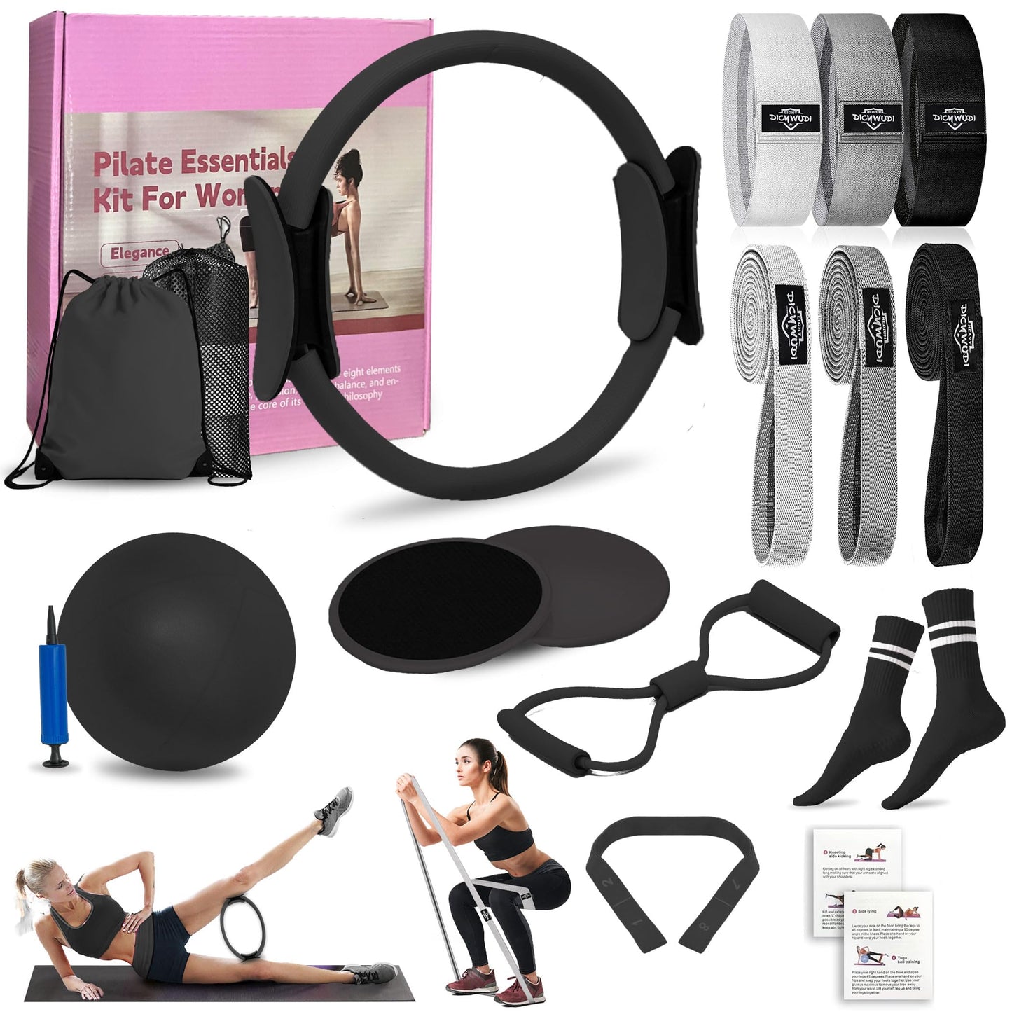 DICYWUDI Pilates Essentials Kit for Home Women, Pilates Equipment for Workouts, 6 Fabric Resistance Bands, 12 Inch Magic Circle Yoga Ring, Mini Exercise Ball, Great Exercise Equipment