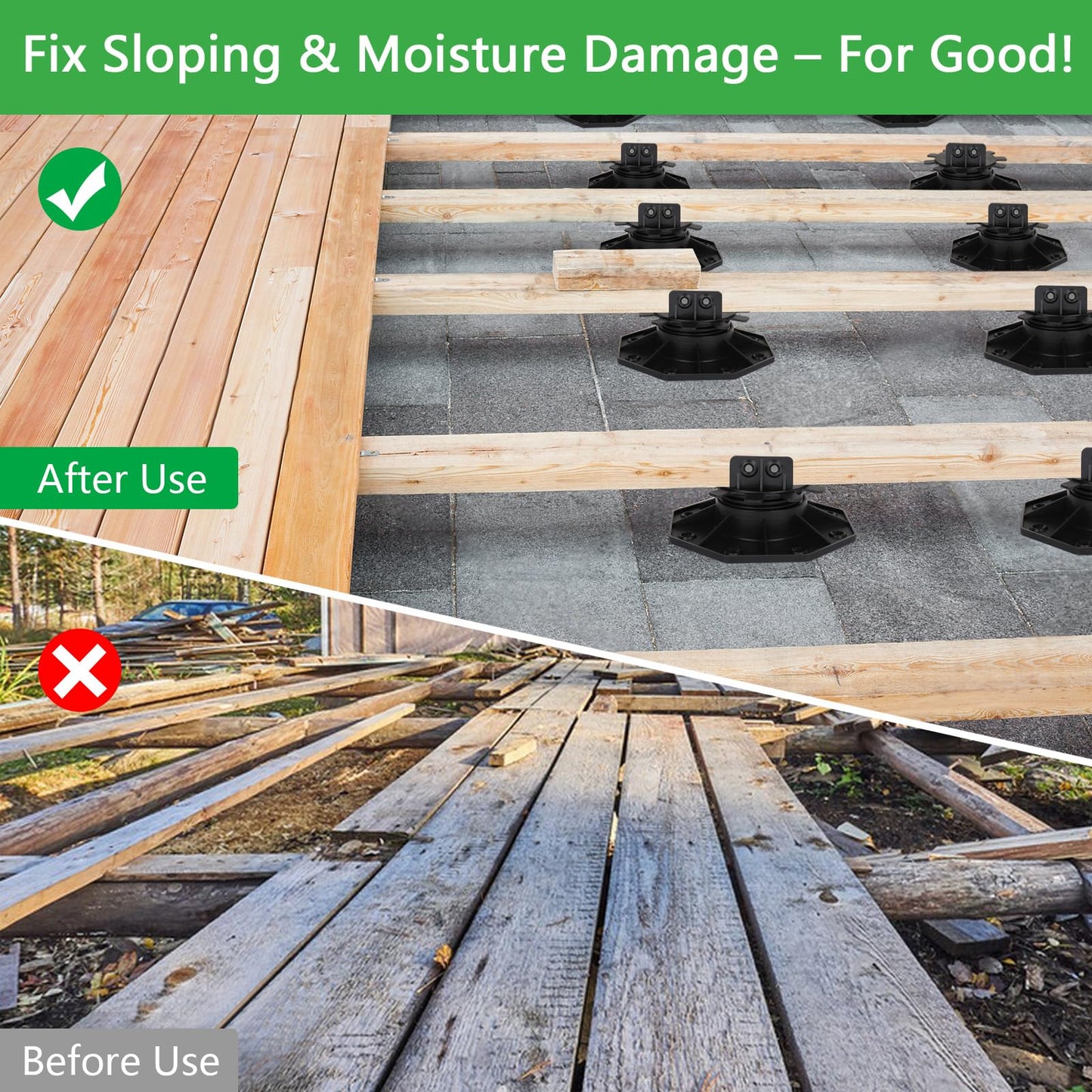 24 Pack Adjustable Deck Support Pedestals, Shed Foundation Base Deck Blocks Floor Raising 1-3/16" to 2-3/8", Joist Support Plastic Pedestals for Outdoor Anti-Corrosive Wood (Black)