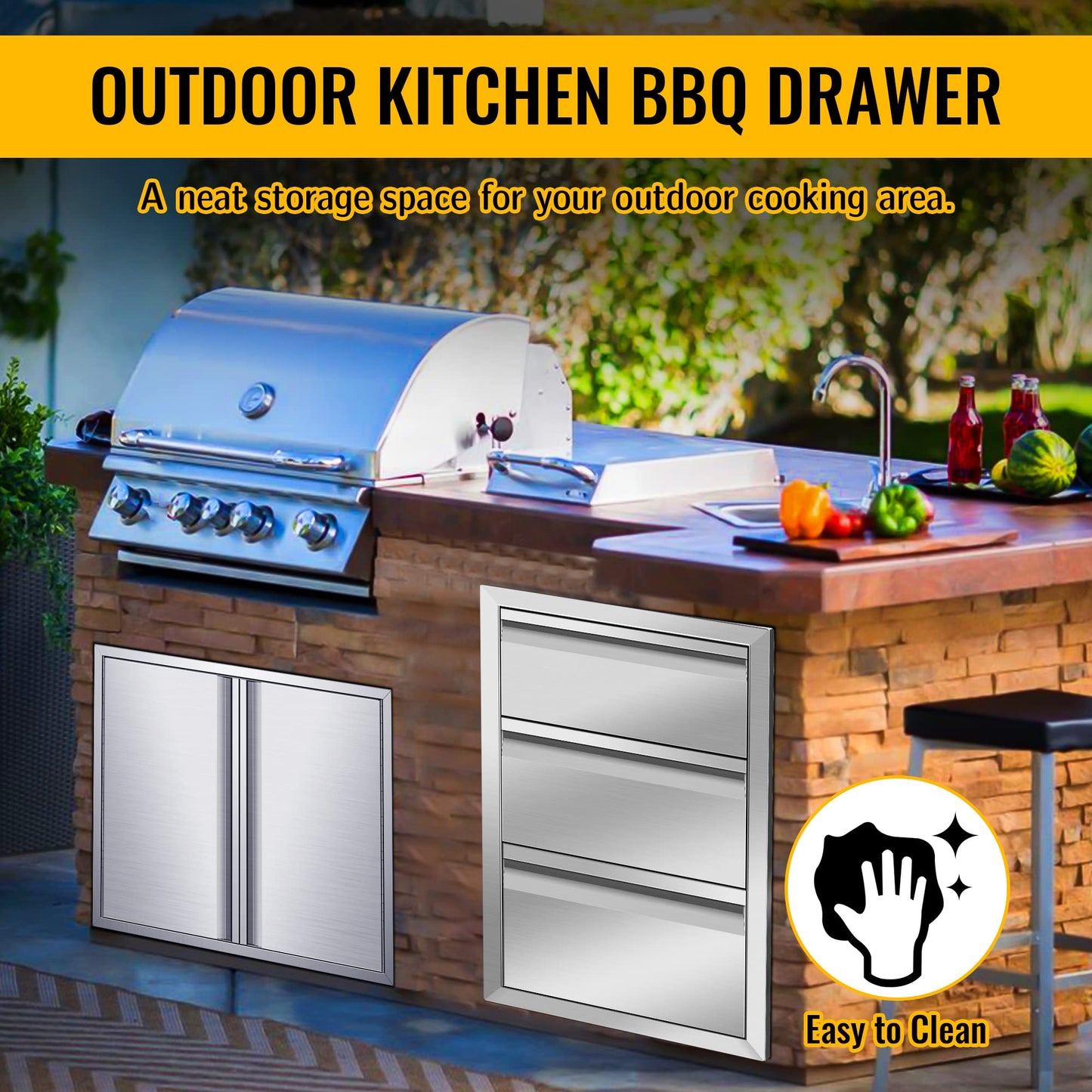 Outdoor Kitchen Drawers 16" W x 21" H x 23" D Inch Stainless Steel Flush Mount BBQ Triple Drawers for Outdoor Kitchen Island, or Patio Grill Station