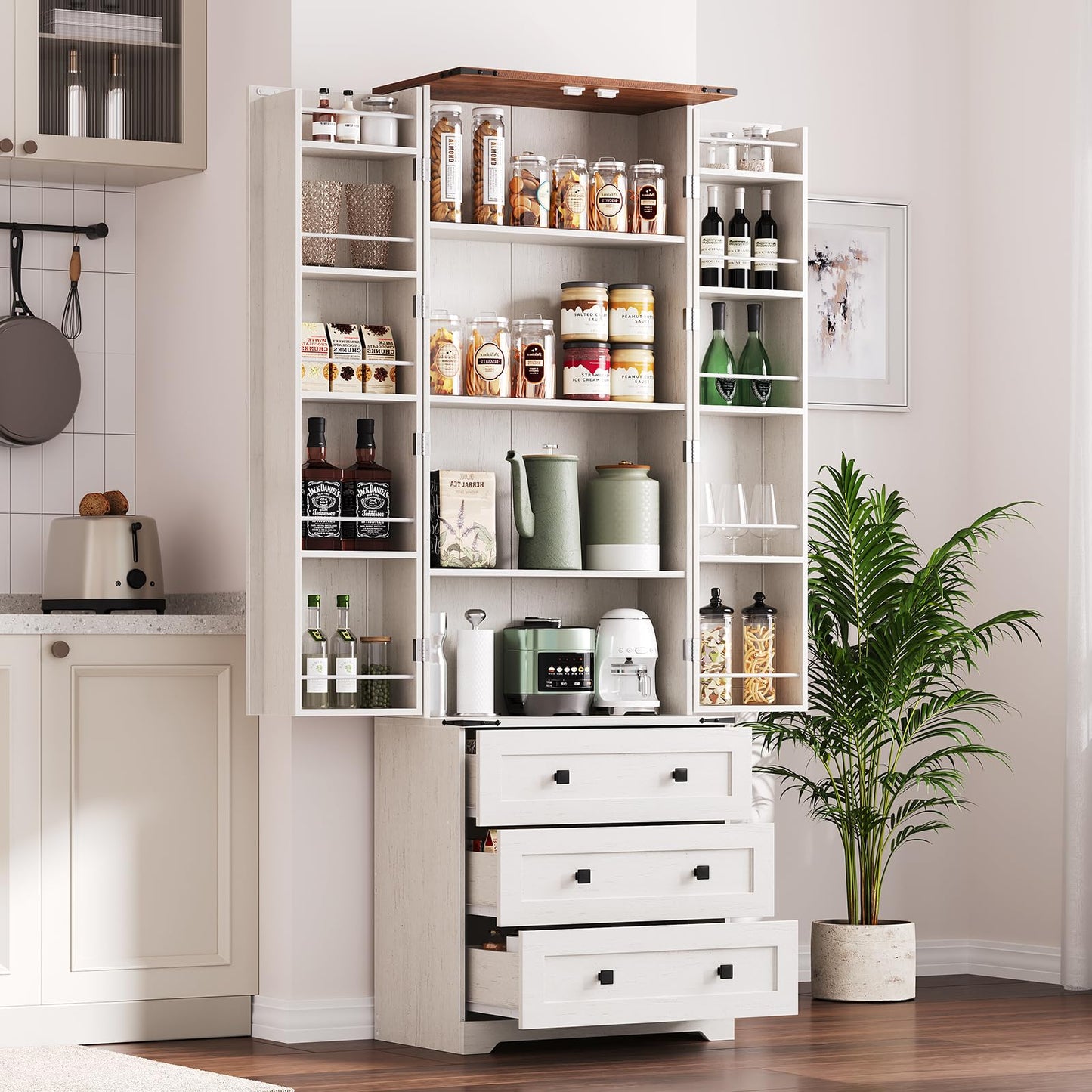72'' Tall Kitchen Pantry Cabinet, Freestanding Tall Cupboard Storage Cabinet with 2 Barn Doors & 3 Drawers, Adjustable Shelves, Large Farmhouse Pantries for Living Room, Dining Room