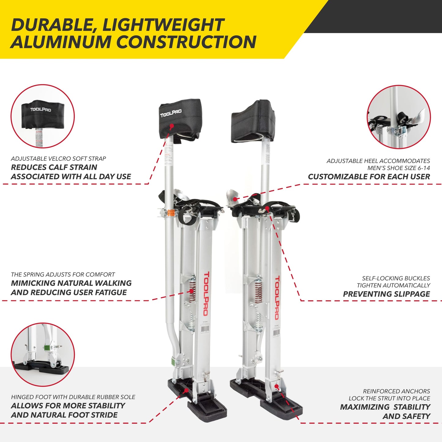 ToolPro Professional Grade Adjustable Drywall Stilts - for Drywall Installation, Painting, and More. Soft Strap Bands to Reduce Soreness and Smoother use (24-40 in., Aluminum)