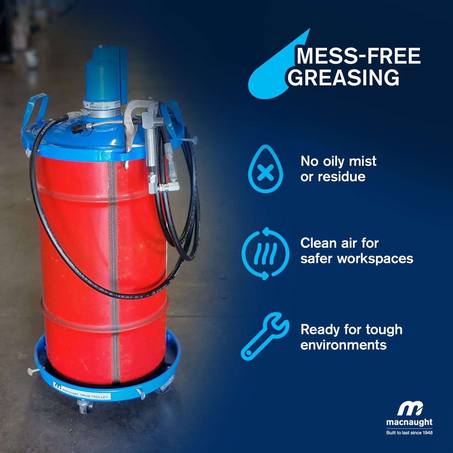 Macnaught Legendary P6TR 50:1 Air-Operated Greasing Pump for 120 lb. Drum. Includes Booster Gun, Hose and Trolley, Low Air Consumption (3CFM)
