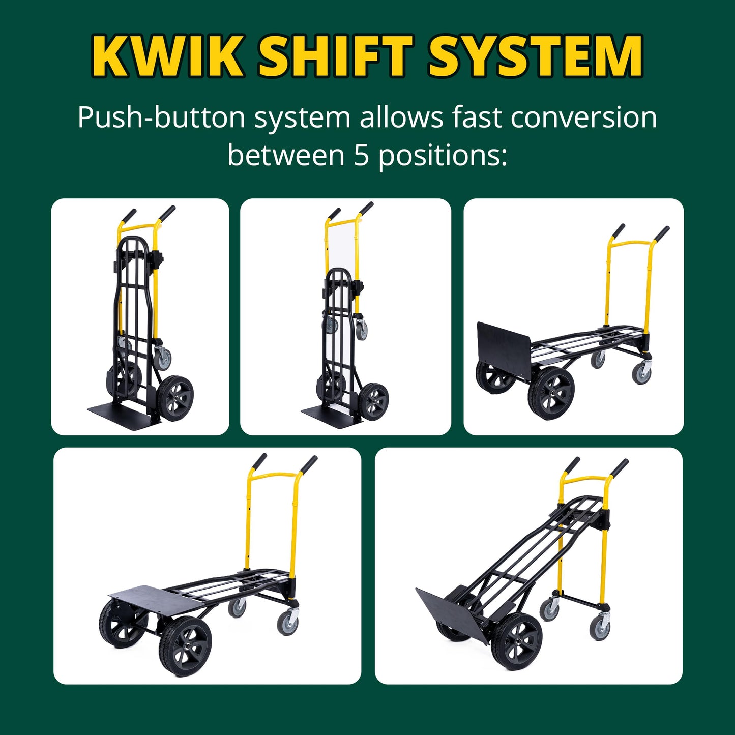Harper Trucks JDCSC0335PC Kwik Shift 5-in-1 Convertible Hand Truck, 1000 lb Capacity Steel Dolly & Cart with Push-Button Quick Change, Folding Base Plate for Warehouses & Delivery Routes