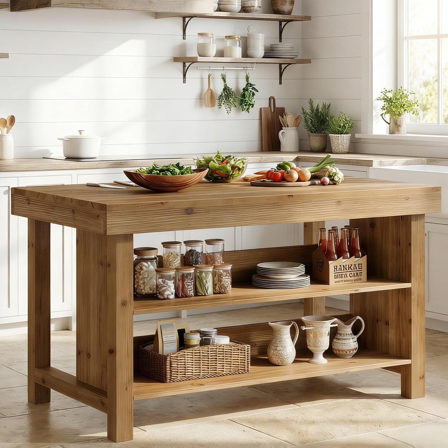 TRIBEWOOD 55" Solid Wood Kitchen Island with Storage, Farmhouse Kitchen Island Table with 3-Tier Open Shelves and Large Countertop for Kitchen, Dining & Living Room, Natural Oak