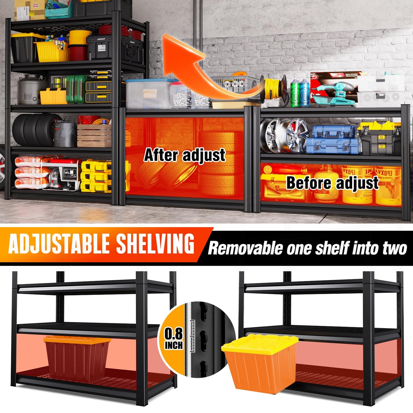 Storage Shelves, 2500lbs Garage Shelving,Adjustable Heavy Duty Shelving Unit,5T Tall Garage Shelves，Metal Standing Shelf Units,Utility Rack For Kitchen Warehouse Industrial Basement 71.2*35.4*15.7