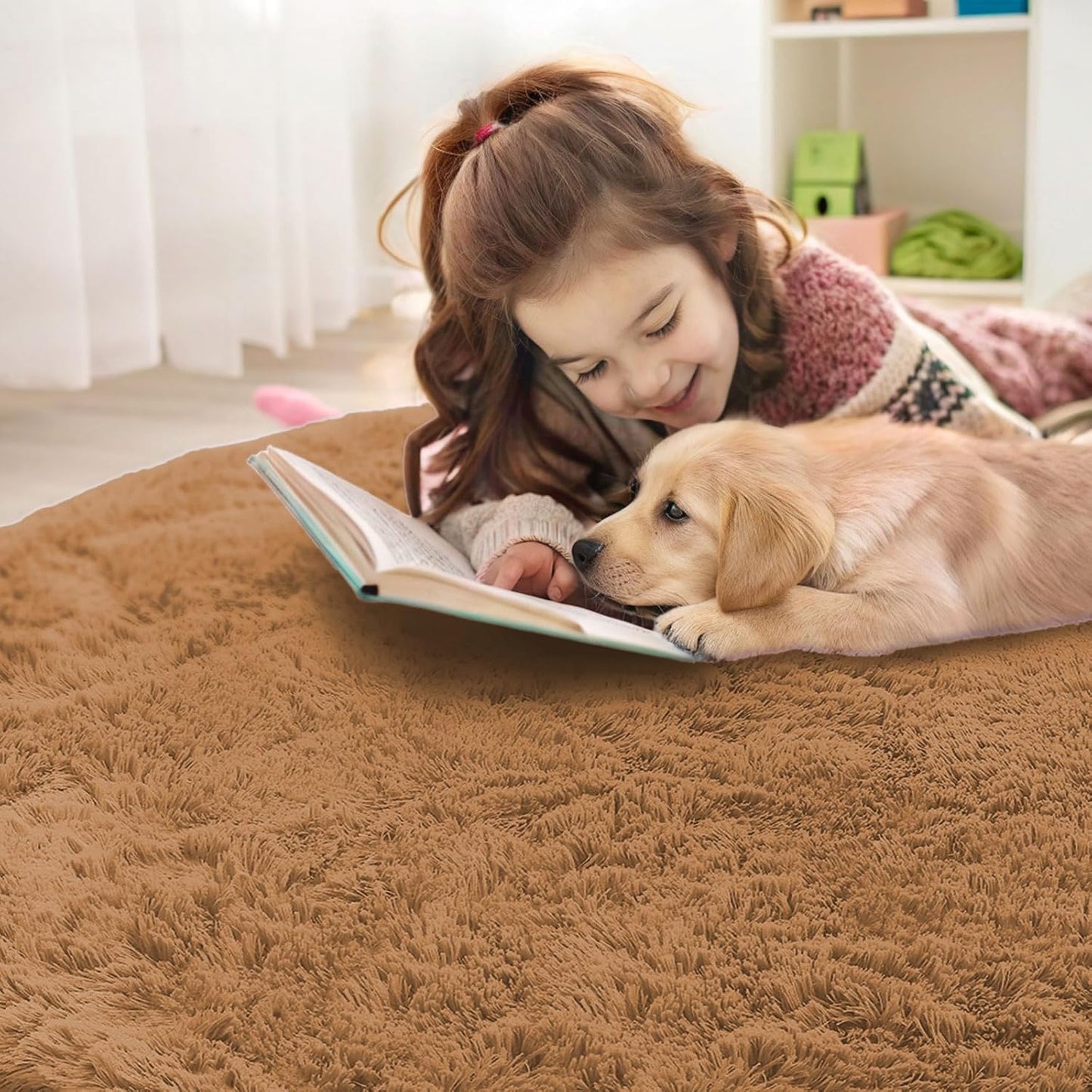 OLANLY Round Khaki Area Rug - Soft, Fluffy, Machine Washable 7 ft Circle Carpet for Bedroom & Living Room
