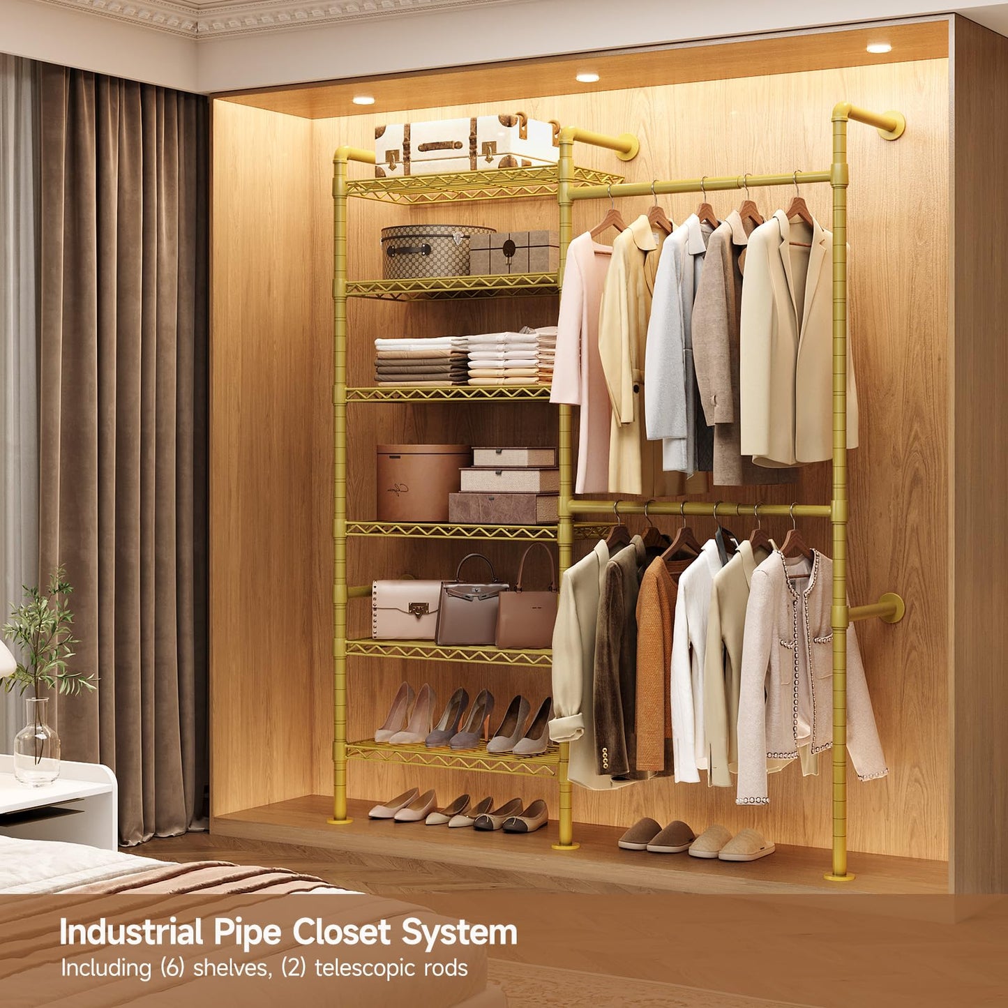 Wall Mounted Garment Rack, Walk-in Closet System with 2 Expandable Rods, 6 Adjustable Shelves, Industrial Pipe Clothing Racks, Hanging Clothes Organizers and Storage, Metal Closet Shelving Gold
