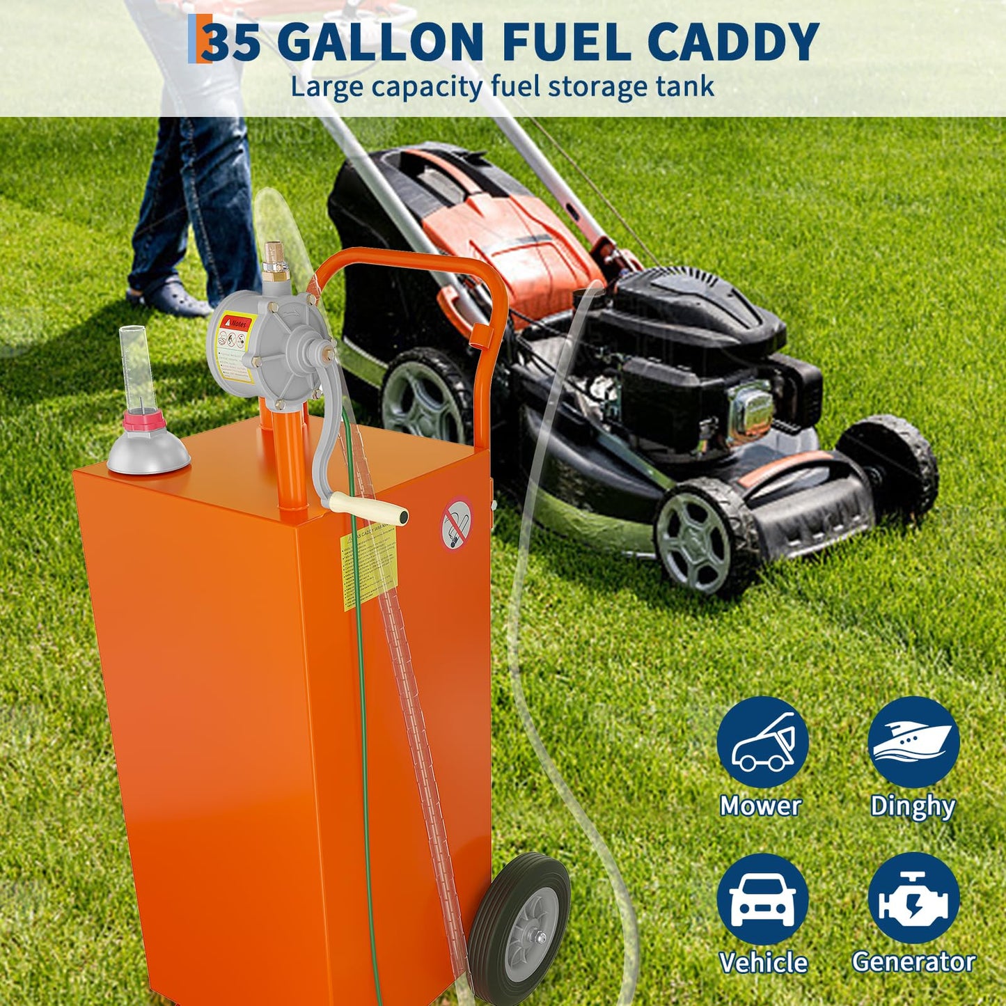 GarveeTech 35 gal Fuel Caddy,Fuel Storage Tank with Manual Transfer Pump,Gasoline Diesel Fuel Container for Cars, Lawn Mowers, ATVs, Boats, More, Orange