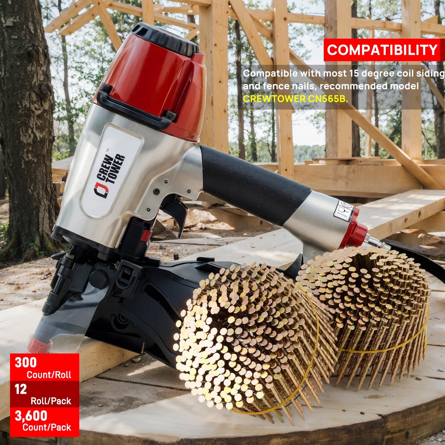 CREWTOWER 15 Gauge 1-1/4-Inch to 2-1/2-Inch Siding Nail Gun and 3600 Count 2-1/2" x .090 Coil Nails Set