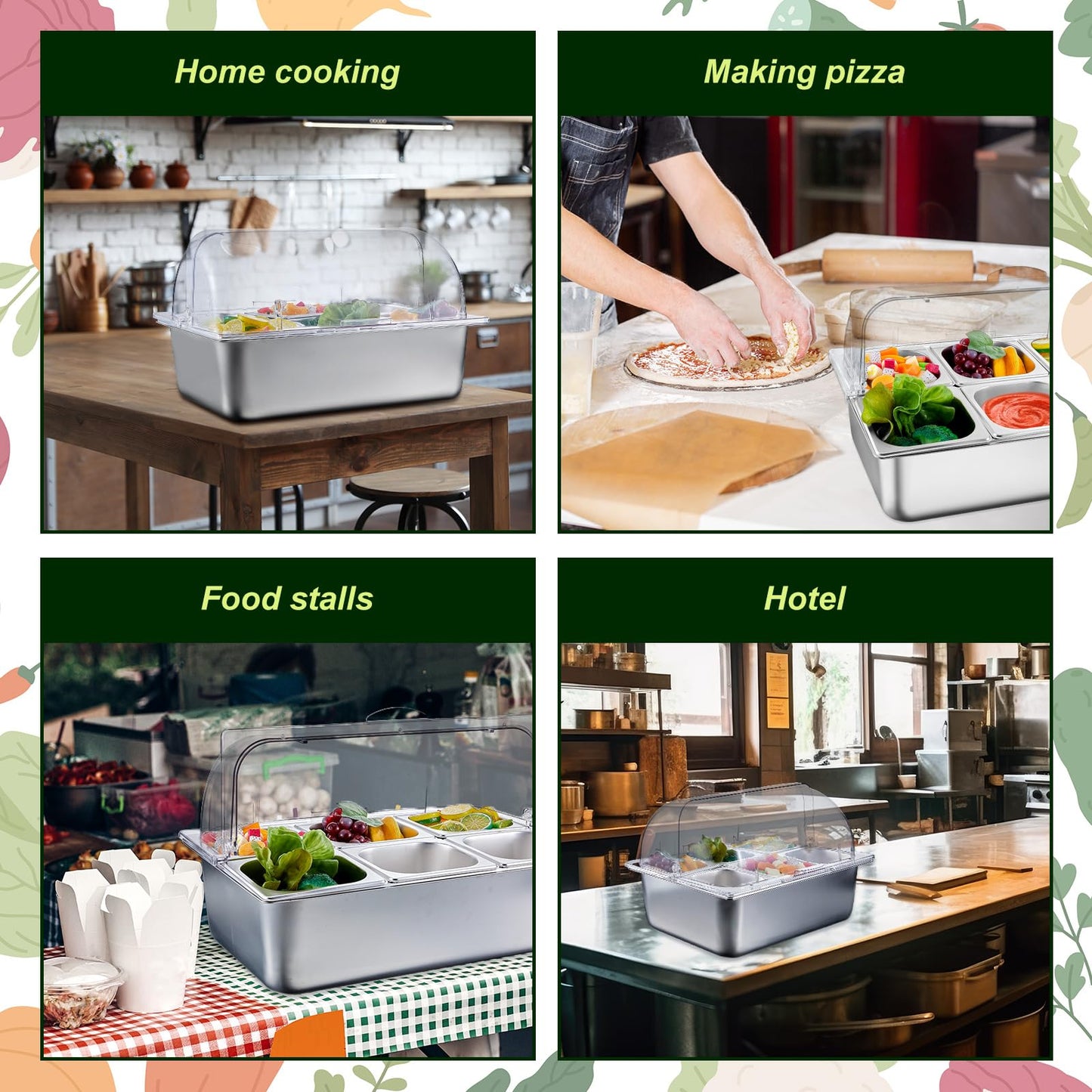 Tessco for you 2 Set Countertop Chiled Ice Food Serving Display Container Stainless Steel Condiment Dispenser with Lid Clamps Spoons Box for Restaurant Kitchen (6 Compartments)