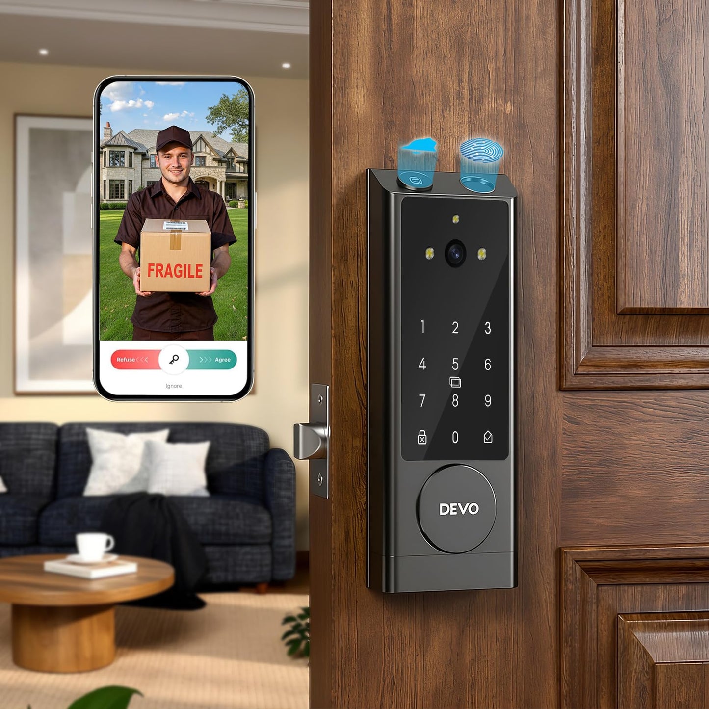 DEVO G1 Rechargeable Keyless Entry Deadbolt- 6-in-1 Smart Lock with Camera & Doorbell, Wi-Fi Smart Door Lock for Front Door with Fingerprint, Auto Locks, App Remote Black
