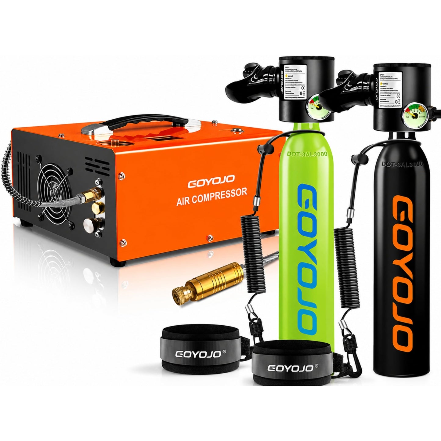 GOYOJO Mini Scuba Tank Set, 2 Pack 0.5L Portable Diving Tank with Electric Air Compressor, 3000 PSI Refillable Scuba Cylinder Kit