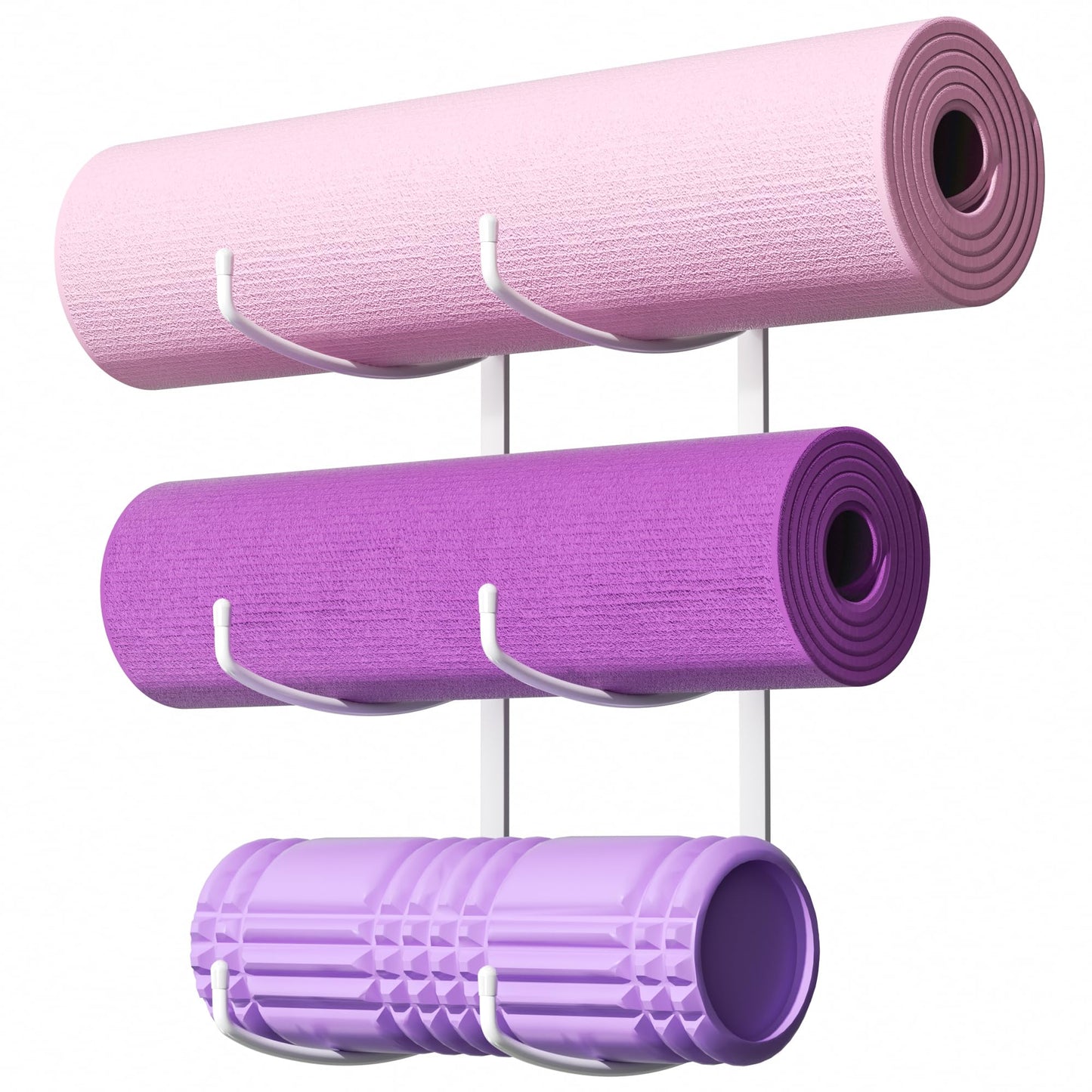 Josmimic Yoga Mat Holder Wall Mount, 3-Tier Storage Rack for Yoga Mat, Foam Roller, Block, Yoga Accessories, Wall Organizer for Home Gym, Gym, Workout Room, Metal, White