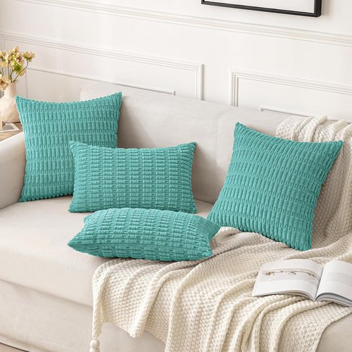 MIULEE Corduroy Throw Pillow Covers - Soft Boho Striped Design | 18x18 Inch Aqua Green for Modern Farmhouse Decor