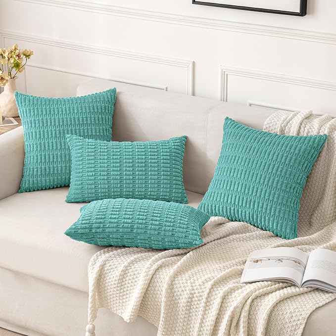 MIULEE Pack of 2 Corduroy Decorative Throw Pillow Covers 20x20 Inch Soft Boho Striped Pillow Covers Modern Farmhouse Home Decor for Summer Sofa Living Room Couch Bed Aqua Green