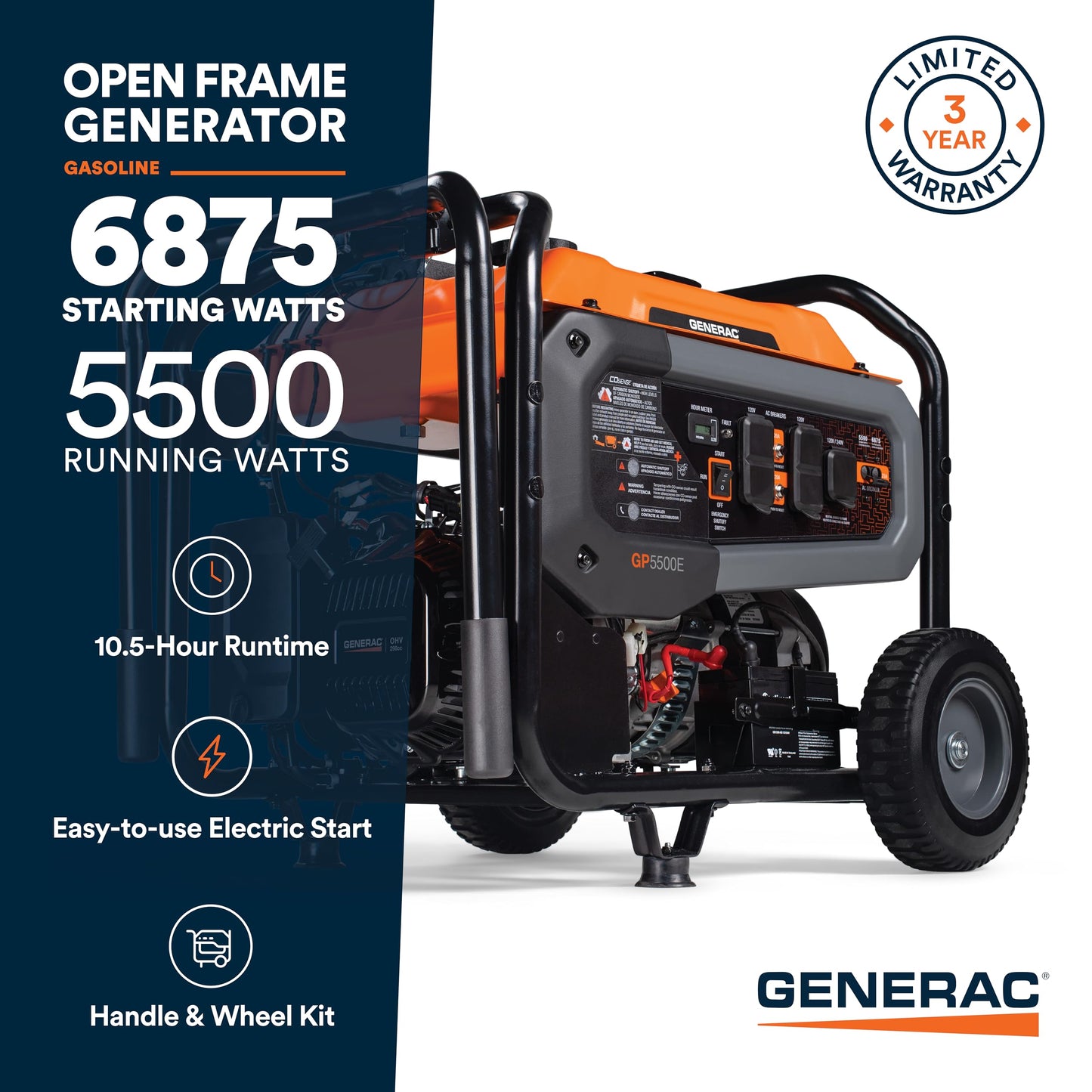 Generac 6,875 Starting Watt Portable Gas Generator - Electric Start - Home Backup or RV Ready - Heavy Duty Frame - Quiet, Long Runtime, Emergency Power - 50-State Compliant