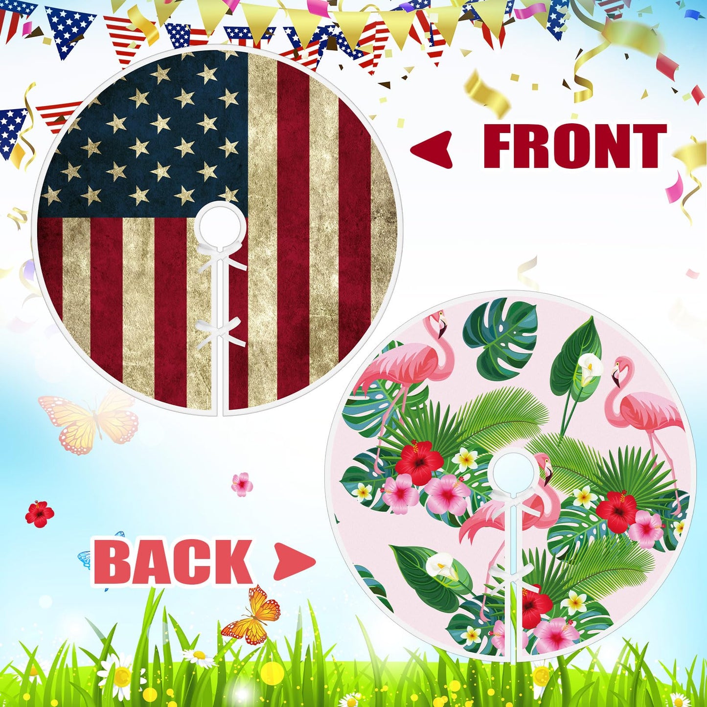 PullCrease 36 Inch Patriotic Tree Skirt Reversible Summer Flamingo Tropical Palm Leaf 250th Anniversary Memorial Day Double Sided Print Mat for 4th of July Summer Tree Decoration