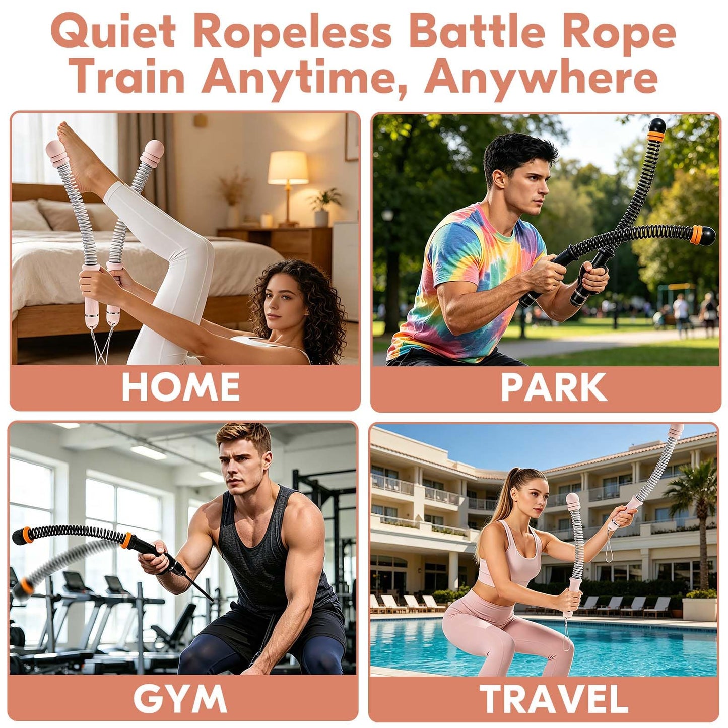 Ropeless Battle Ropes, 2 Pack Cordless Battle Ropes with Adjustable Weights, Non-Slip Comfort Handles, Portable Trainer for Home Gym, HIIT Cardio & Travel Workout