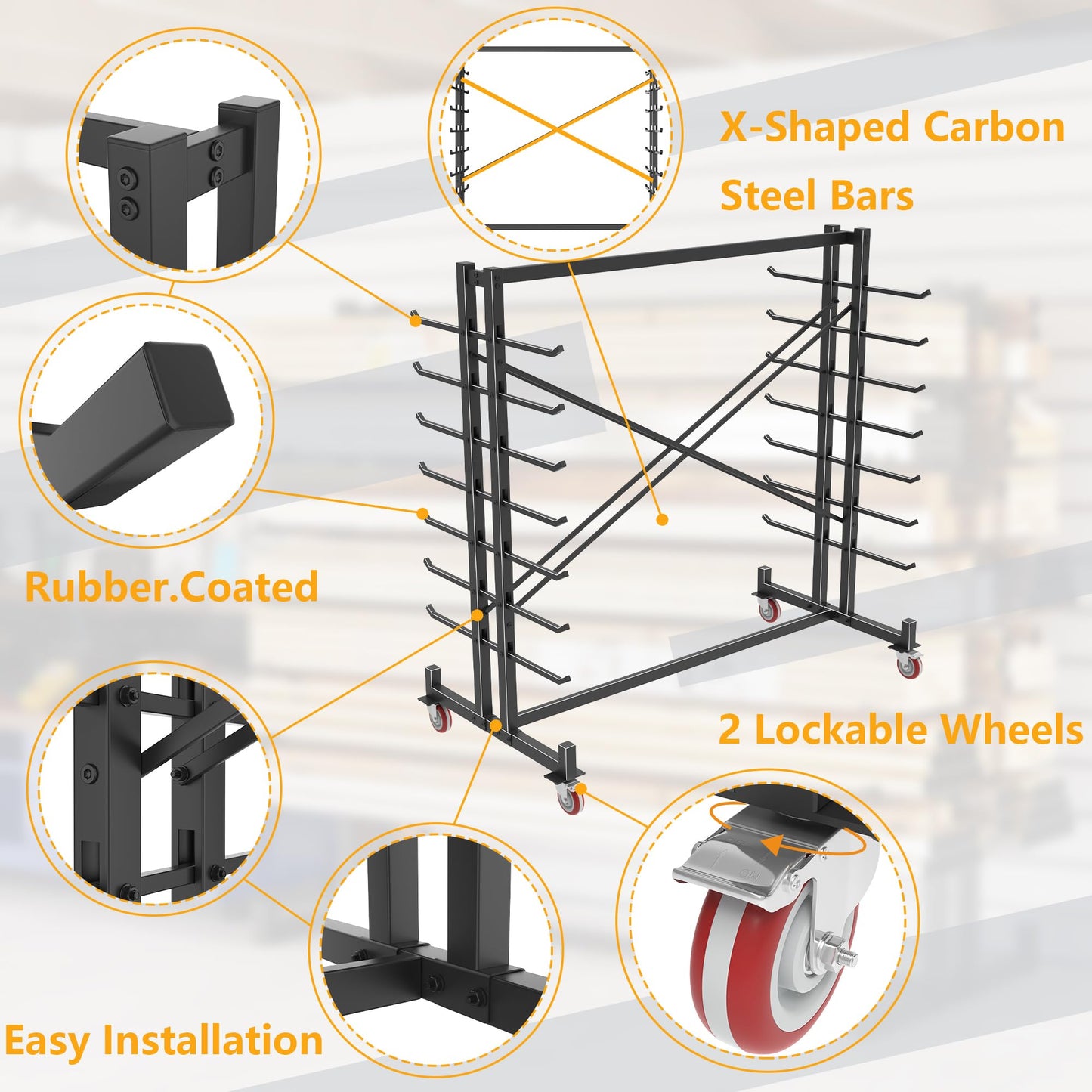 Lumber Storage Rack, 2000lbs Heavy Duty Freestanding Pipe Rack with 7 Tiers, Double-Sided Wood Storage Shelves with 4 Silent Casters, for Garage Workshop Basement, 59.84"L x 35.43"W x 65.74"H, Black