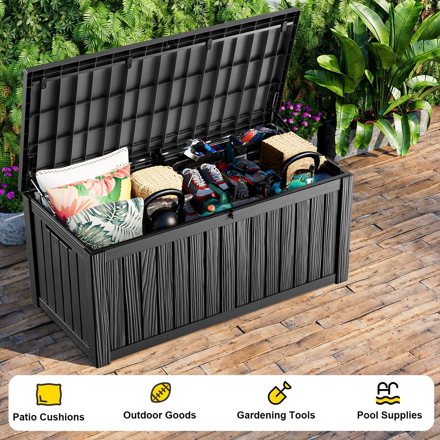 KFY 150 Gallon Large Outdoor Storage Box Waterproof, UV Resistant Resin Deck Box with Hydraulic Rod & Lockable Latch for Patio Furniture, Outside Storage Box for Garden Tools, Patio Cushions, Black