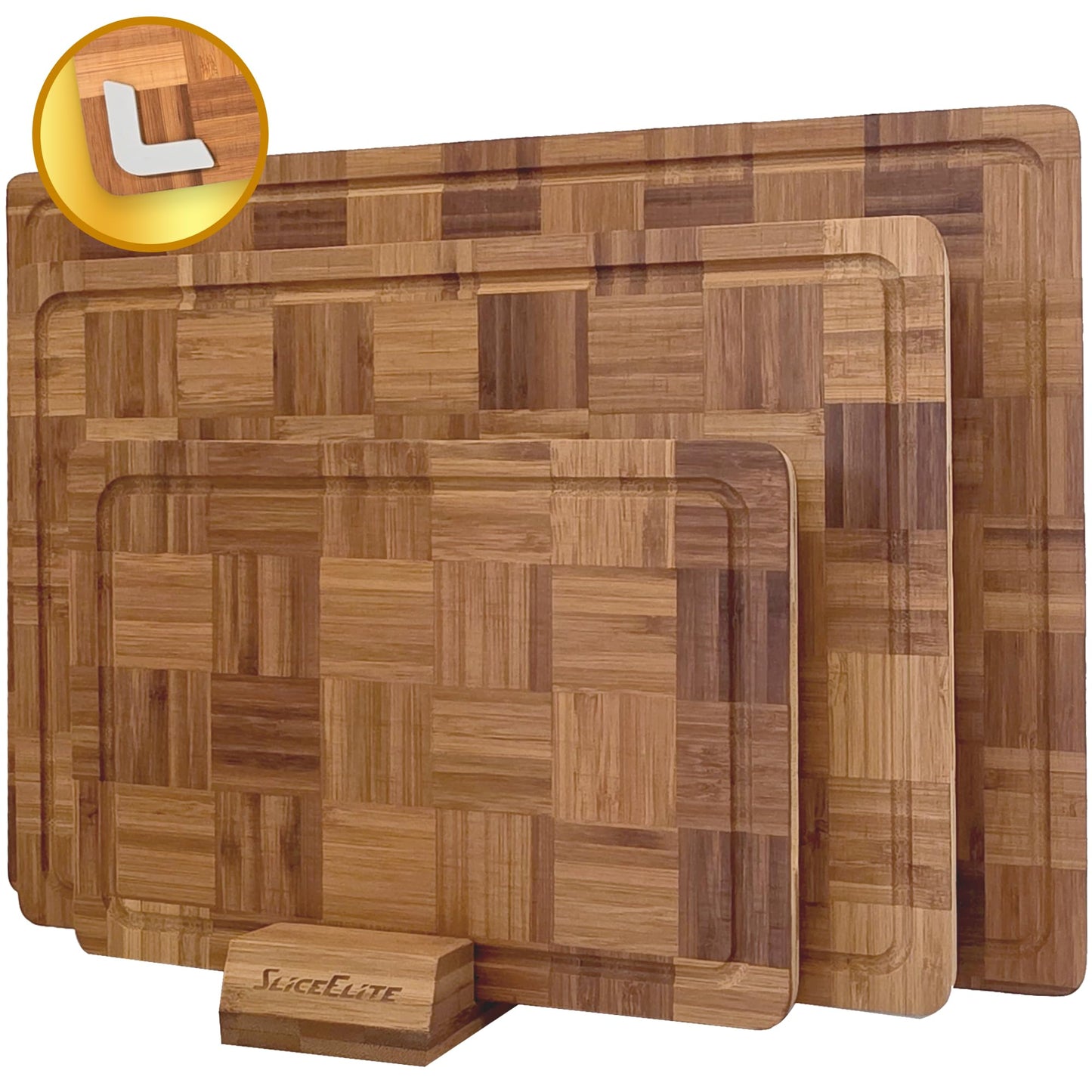 SliceElite Extra Large Bamboo Cutting Board Set 3 Piece End Grain Wooden Chopping Boards with Holder Non Slip Feet Juice Groove XL Butcher Block Style Boards for Kitchen Carving and Serving