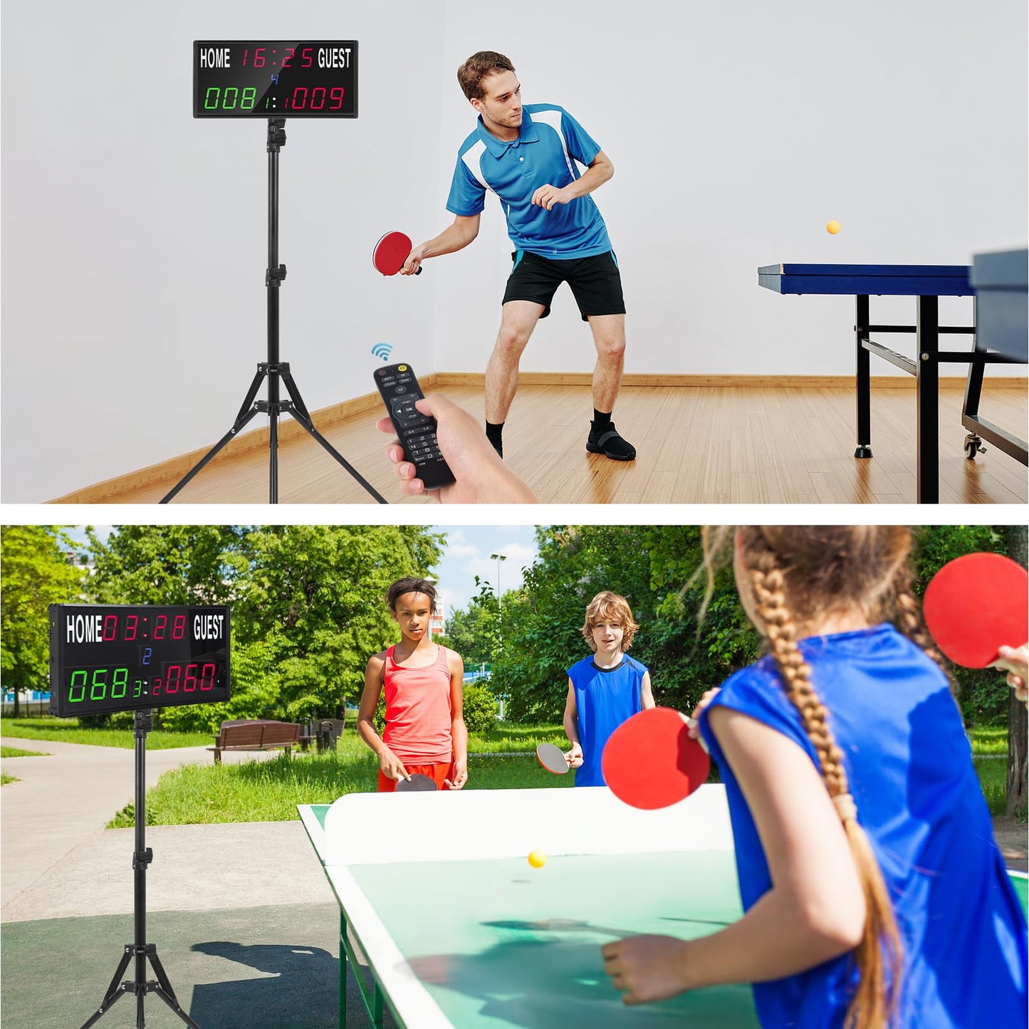 Samshow 2025 LED Electronic Scoreboard Digital Score Keeper with Remote & Tripod, Basketball Scoreboard with Shot Clock & Timer & 12/24h Real Time for Outdoor Yard Games/Corn Hole/ping Pong/Pickleball