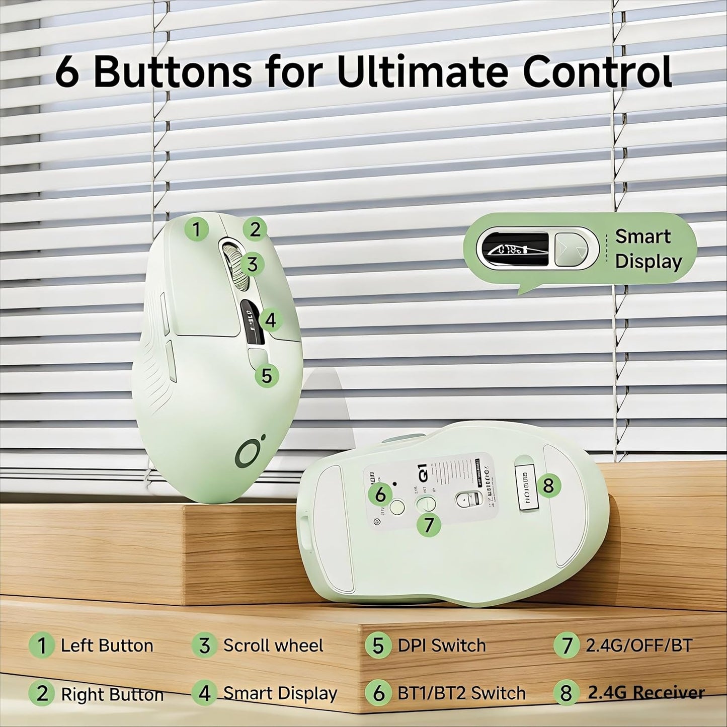 SEUNKWANG Q1 2.4G 1600 6 EWEADN Wireless Bluetooth Mouse, BT & Computer Mouse with Battery & DPI LED Screen Display
