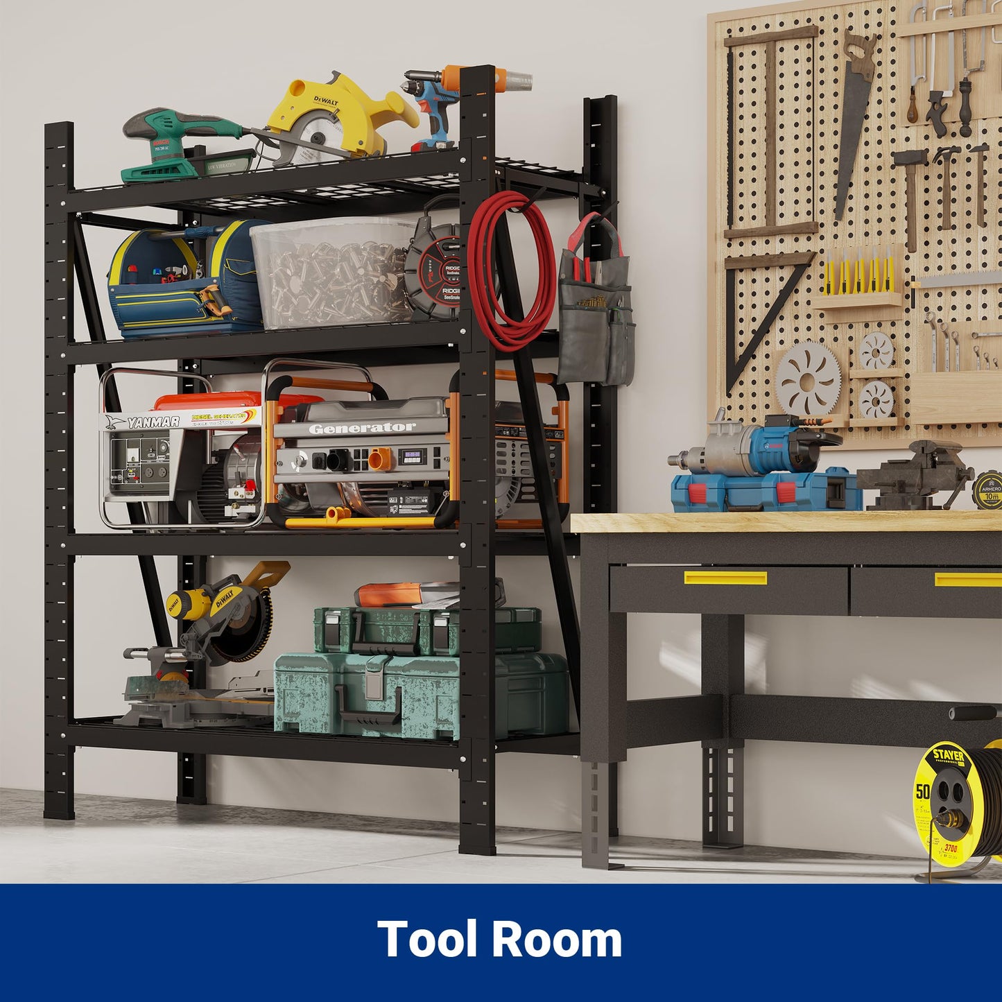 FLEXIMOUNTS Garage Shelving Heavy Duty, 49.6" W 4-Tier 10000LBS Industrial Shelving Unit with 4 Hooks, Adjustable Storage Shelves for Garage, Basement, Warehouse, 71" H x 49.6" W x 23.6" D