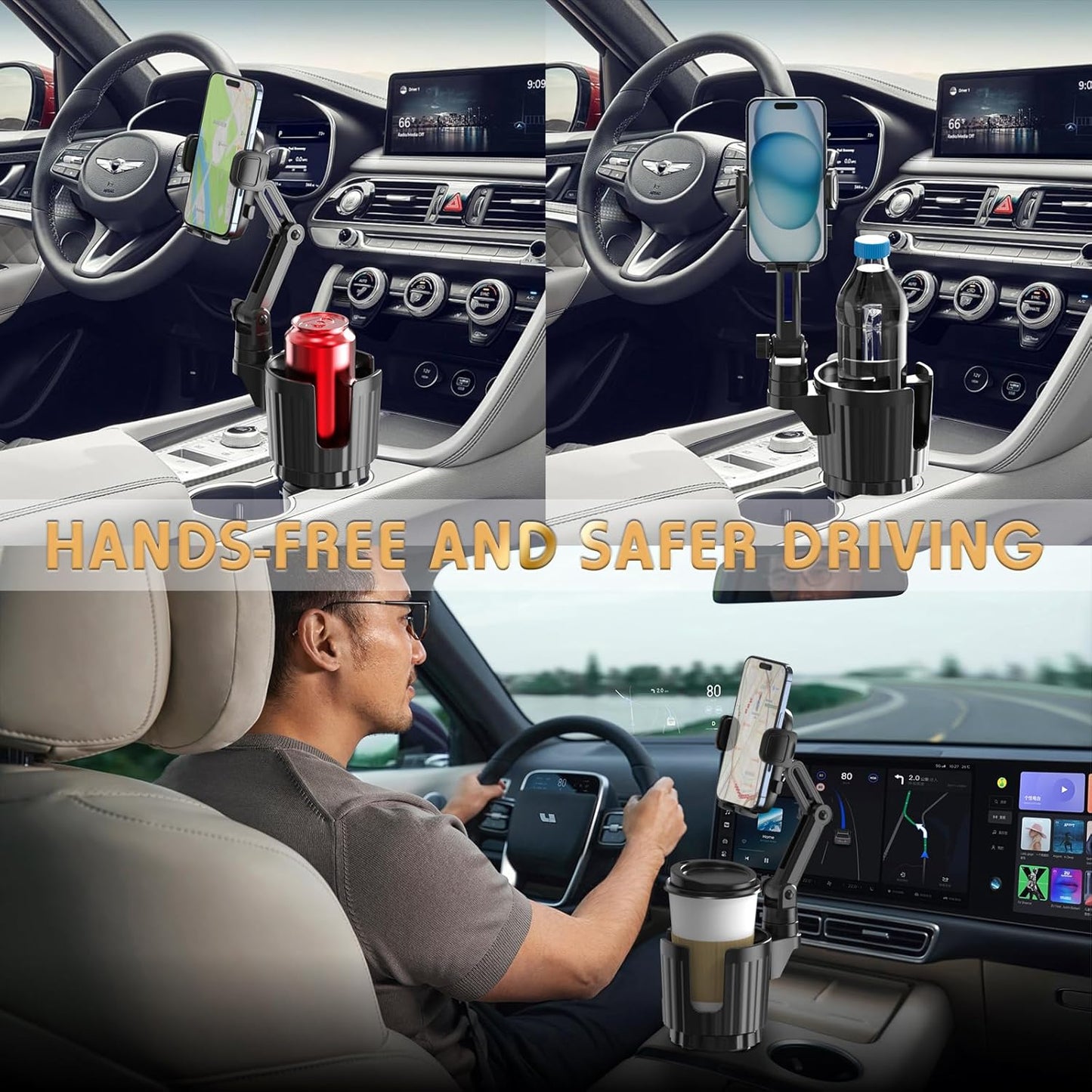 2 1 360Rotation Phone Holders for Your Car, in Universal Cup Holder Expander Adjustable Base with Phone Mount, Long Arm