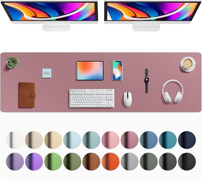 Aothia Faux Leather Desk Mat - Large Mouse Pad, Non-Slip PU Leather Blotter, Waterproof Writing Surface for Office and Home (Dark Pink, 63" x 17")